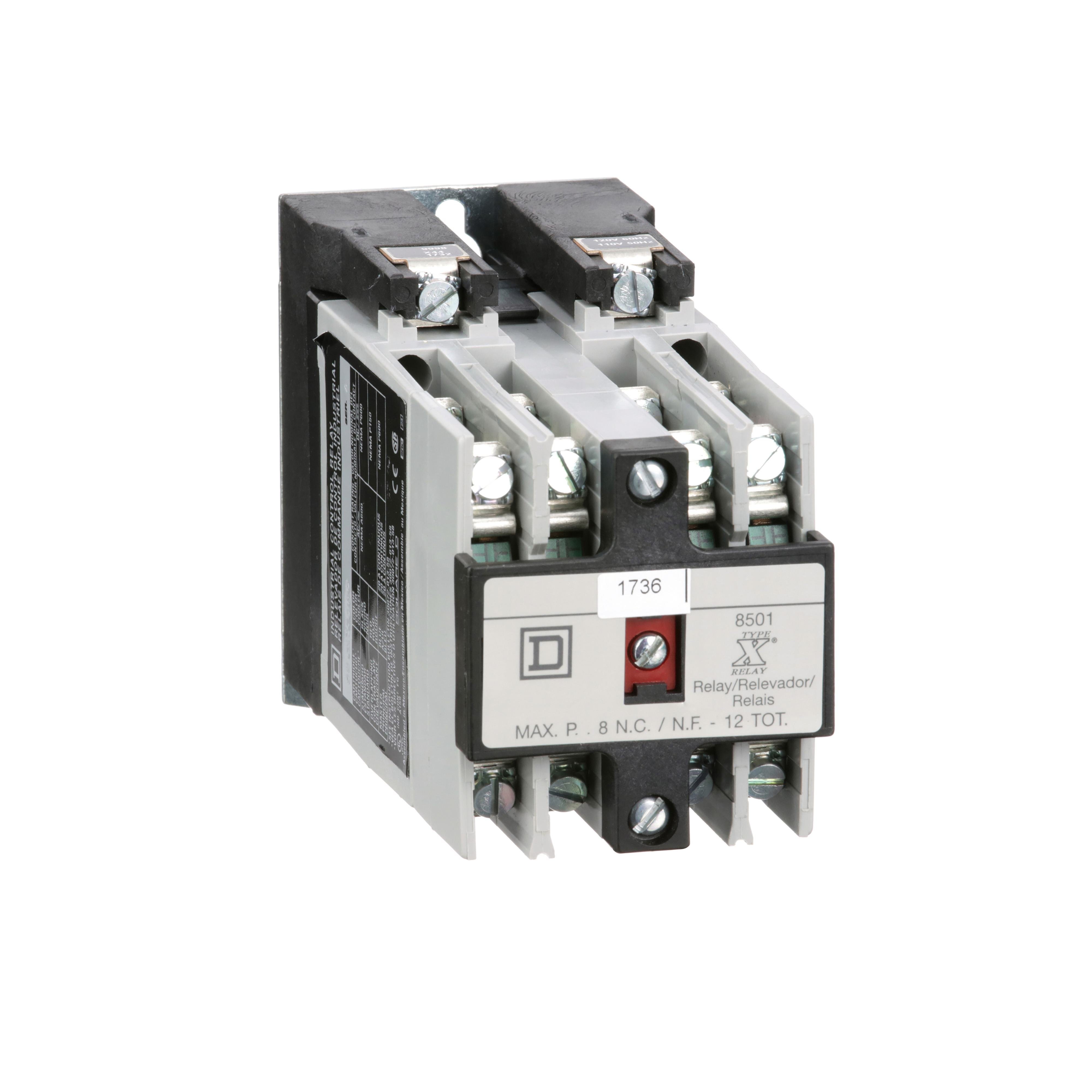 Picture of 8501XO80V02 - NEMA Control Relay, Type X, machine tool, 10A resistive at 600 VAC, 8 normally open contacts, 110/120 VAC 50/60 Hz coil