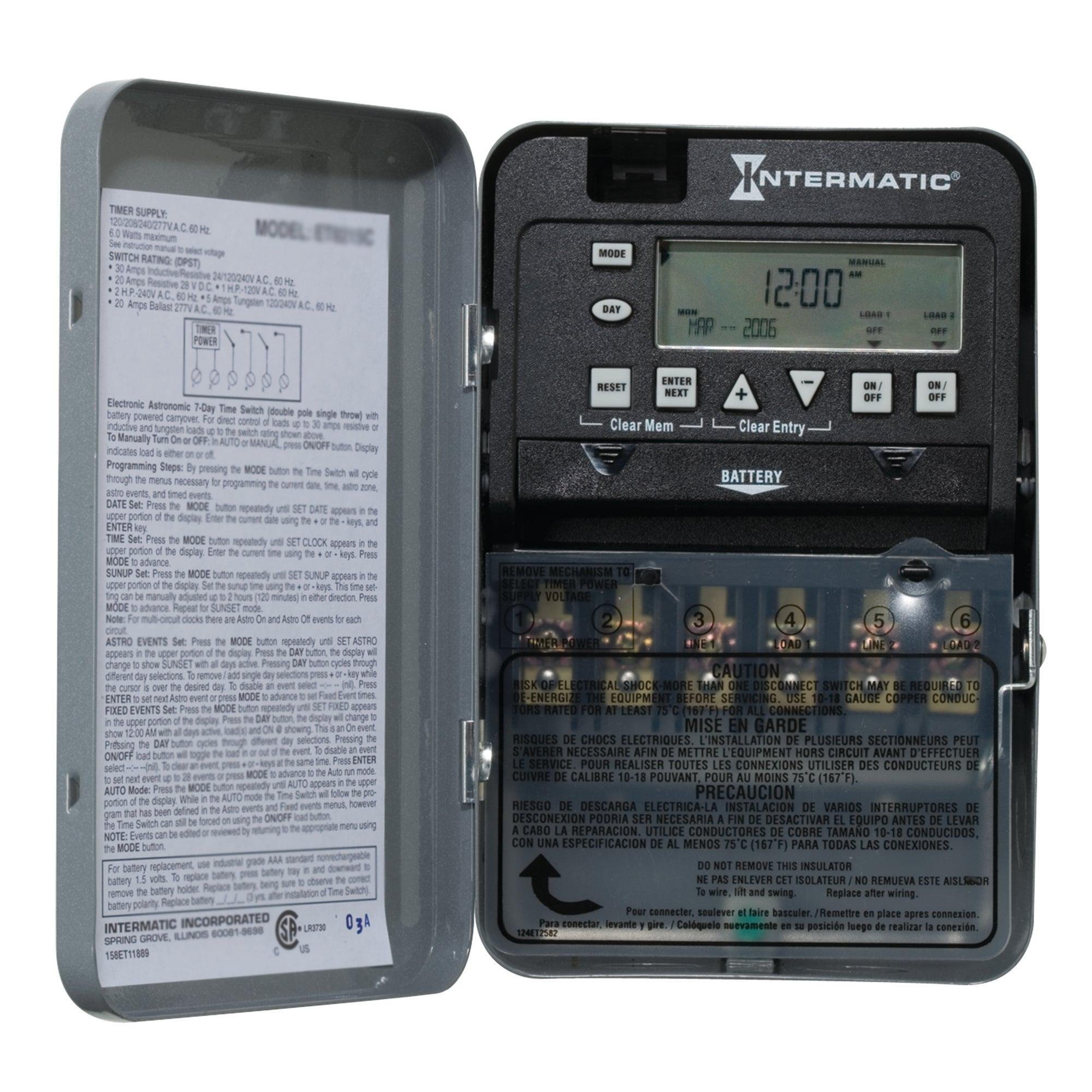 ET1725C - 7-Day 2-Circuit Electronic Control, 120-277 VAC, 2-SPST, Indoor Metal Enclosure