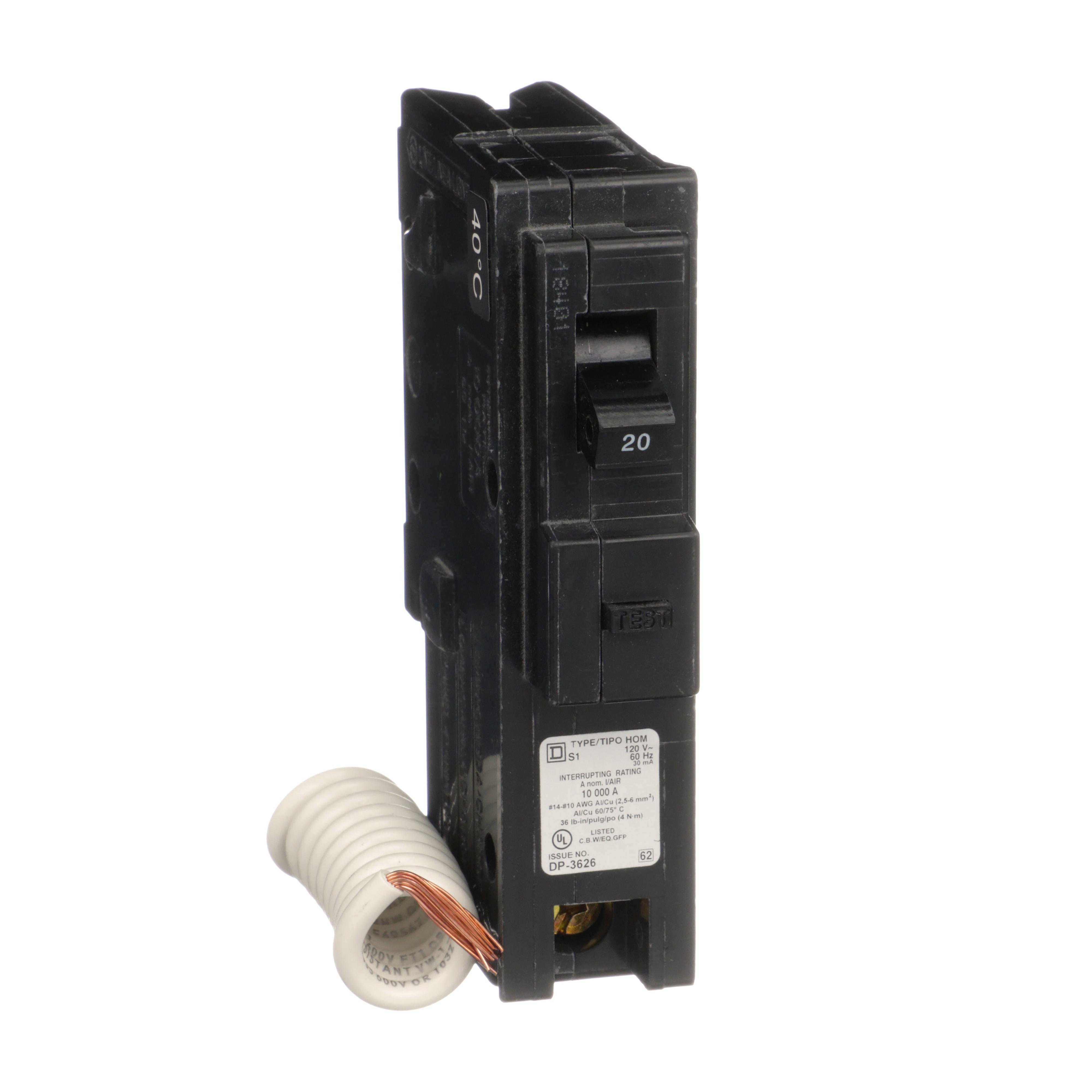 Picture of HOM120EPD - Mini circuit breaker, Homeline, 20A, 1 pole, 120VAC, 10kA AIR, ground fault class B, plug in, UL [TAA]