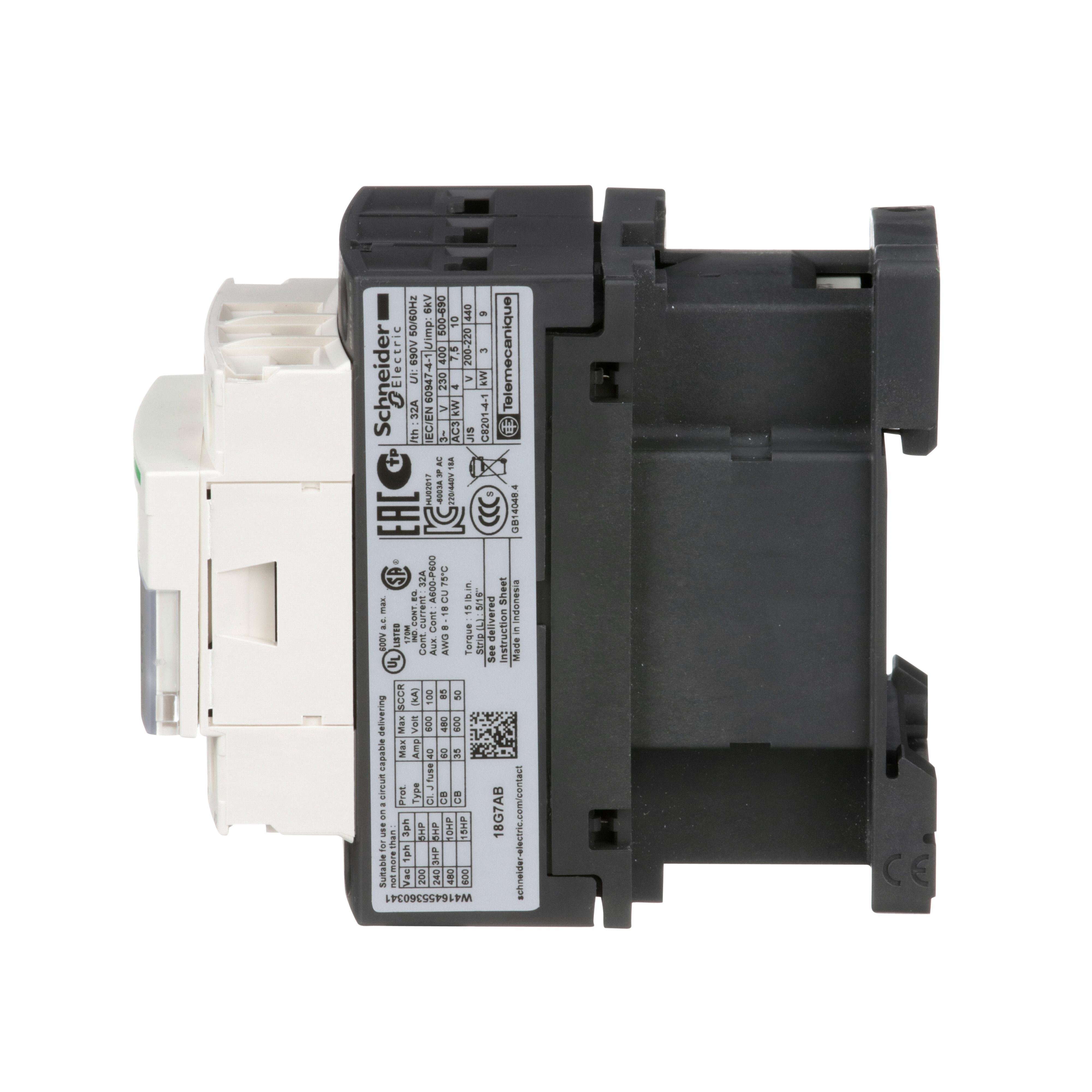 Picture of LC1D18G7 - IEC contactor, TeSys Deca, nonreversing, 18A, 10HP at 480VAC, up to 100kA SCCR, 3 phase, 3 NO, 120VAC 50/60Hz coil, open