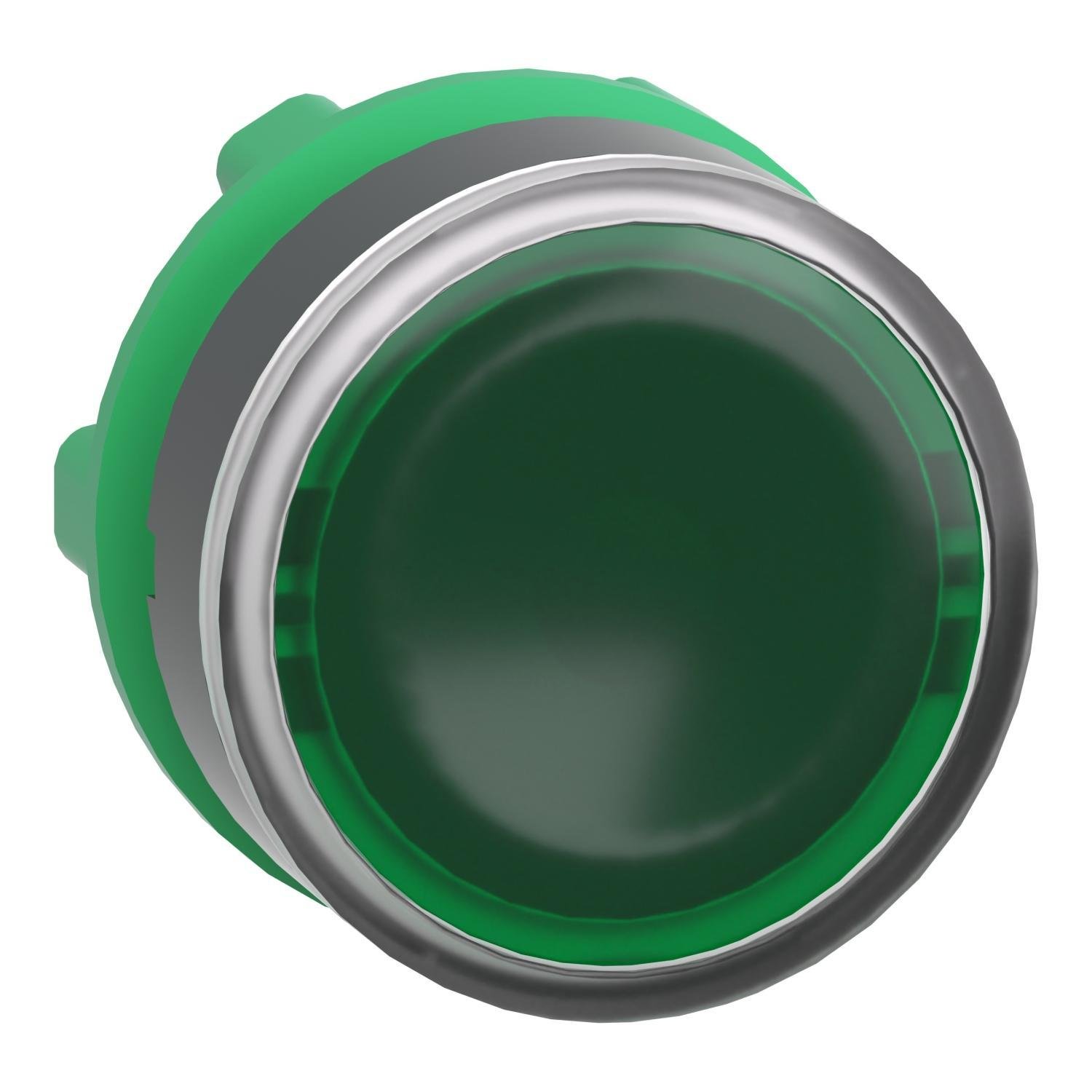 Picture of ZB5AW333 - Head for illuminated push button, Harmony XB5, plastic, green flush, 22mm, universal LED, spring return, plain lens