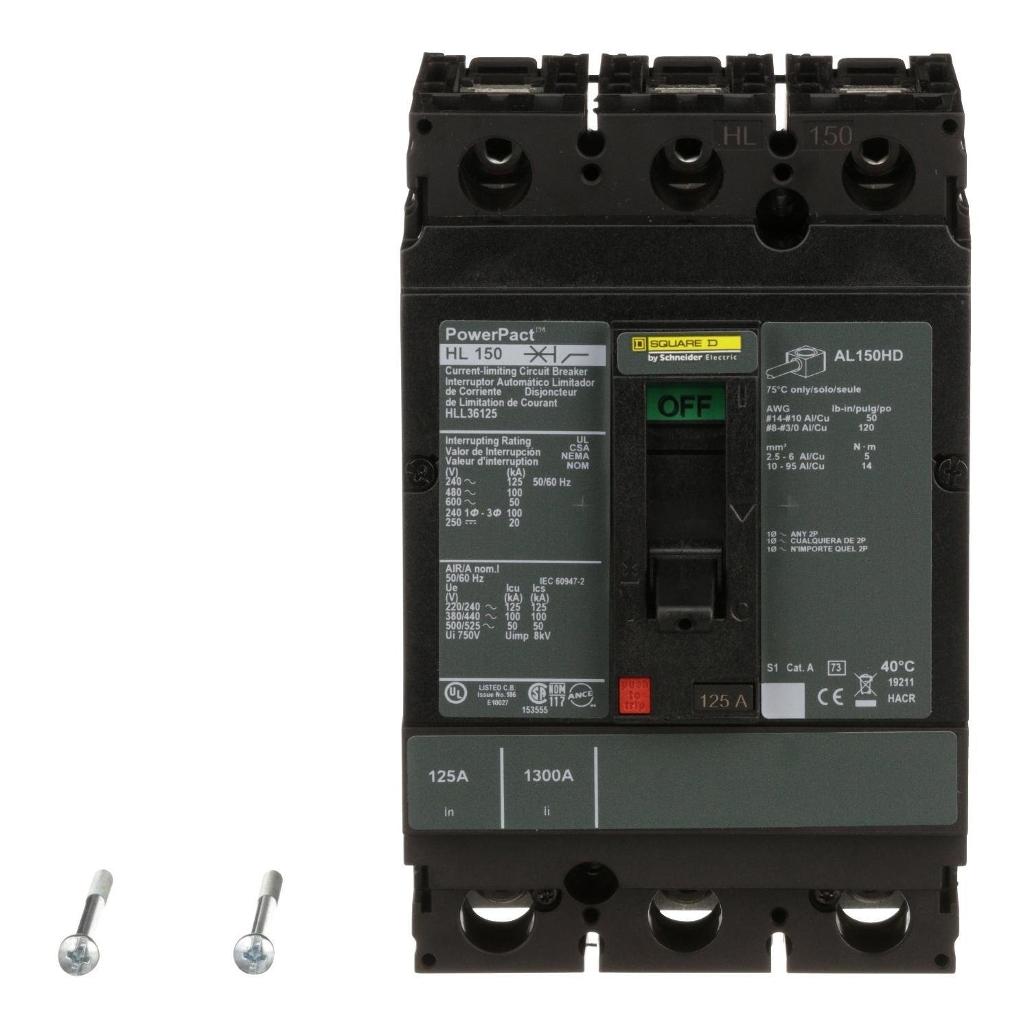 HLL36125 - Circuit breaker, PowerPacT H, 125A, 3 pole, 600VAC, 50kA, lugs, thermal magnetic, 80%