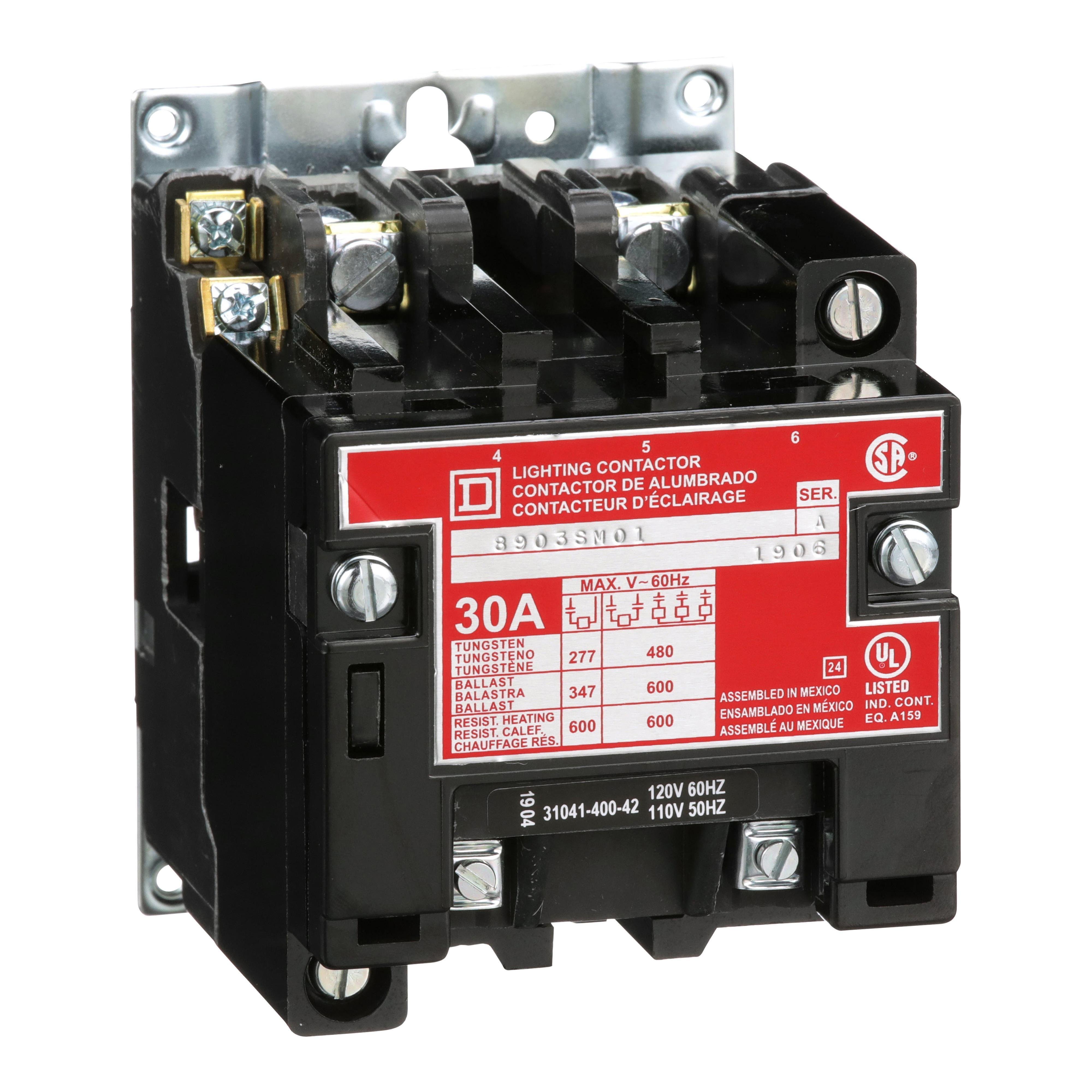 Picture of 8903SMO1V02 - Contactor, Type S, multipole lighting, electrically held, 30A, 2 pole, 110/120VAC 50/60Hz coil, open style [TAA]