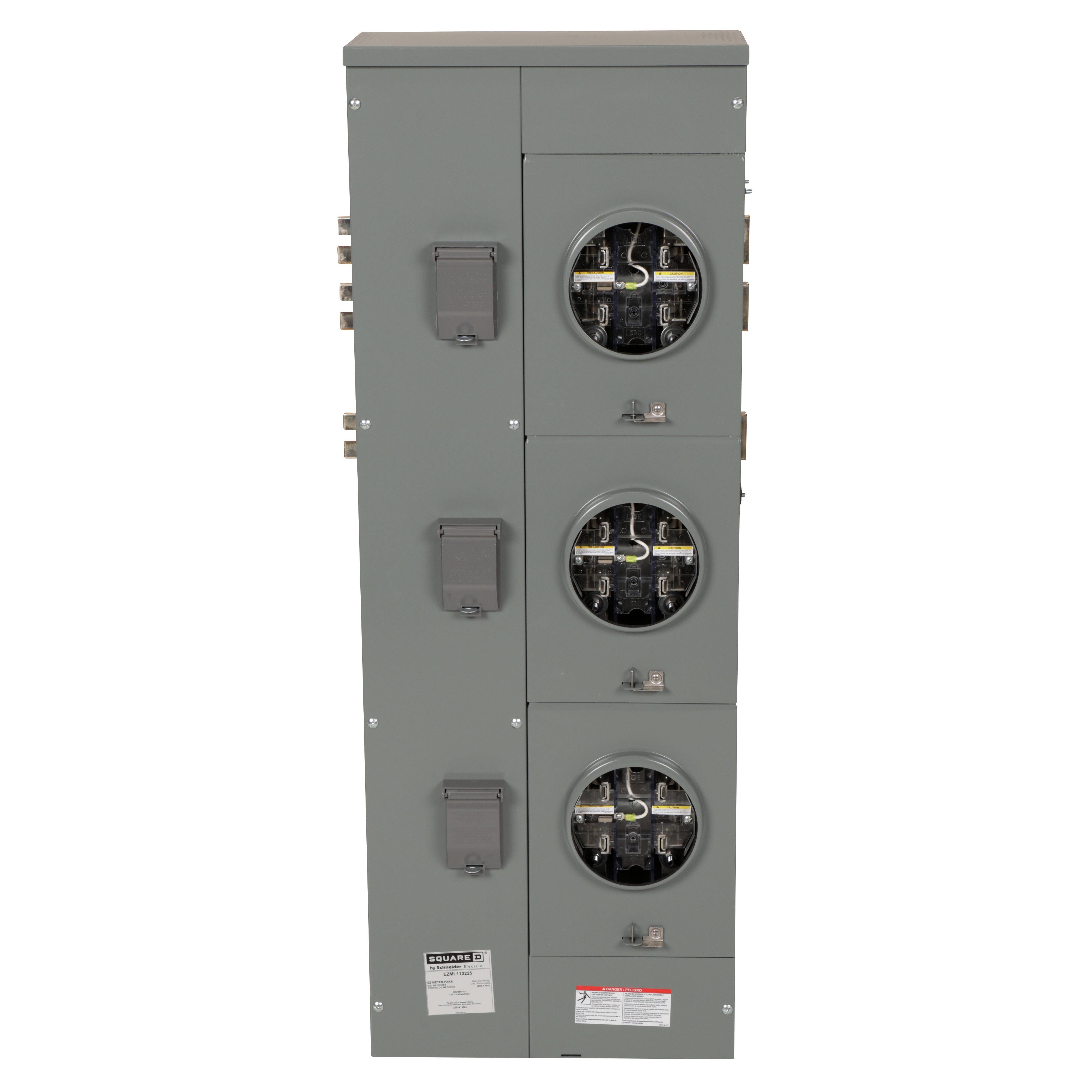 Picture of EZML113225 - Branch unit, EZ Meter-Pak, 225A, 3 x 5 jaw sockets, 120/240VAC, lever bypass, ringless, 1200A Al/Cu busbar