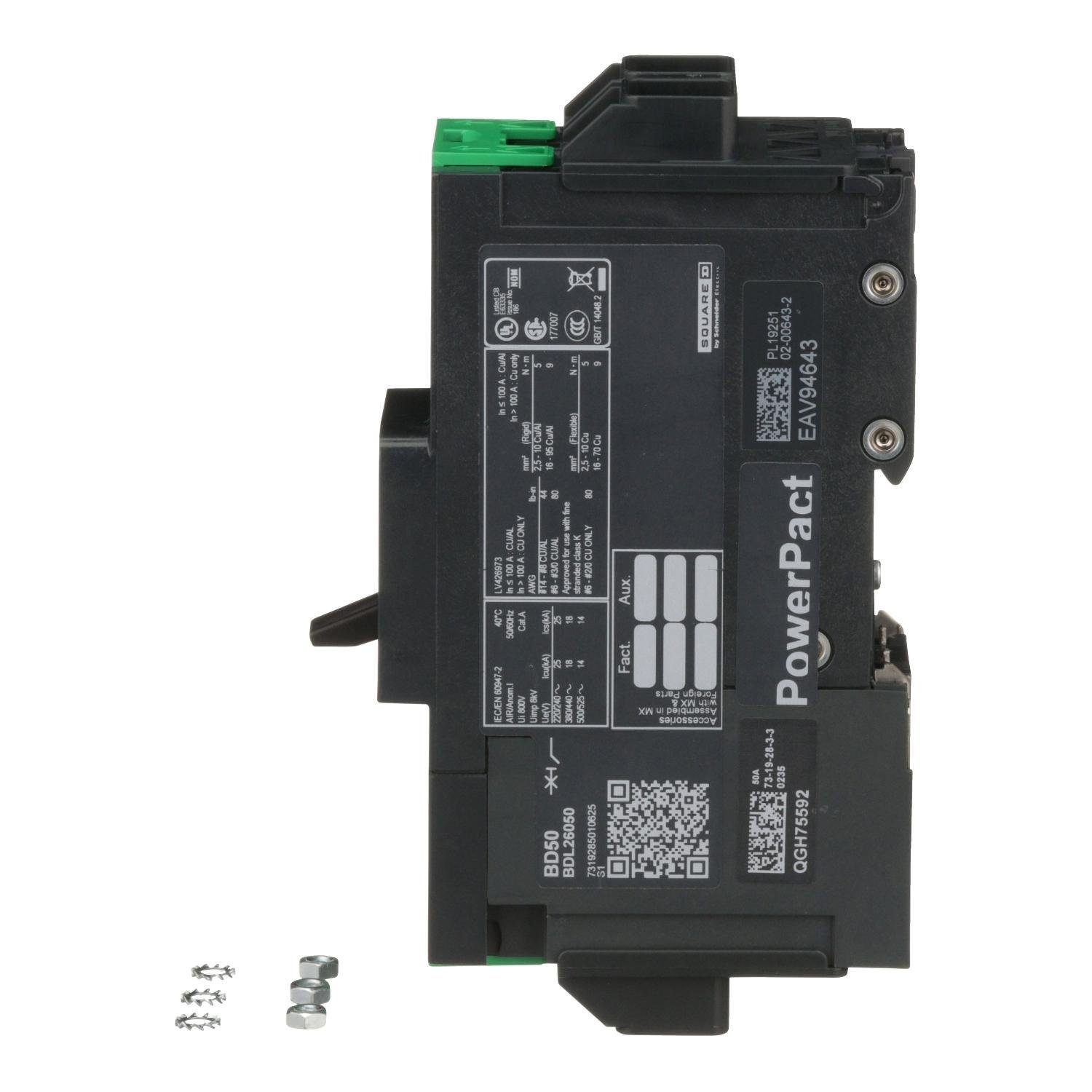 Picture of BDL26050 - Circuit breaker, PowerPacT B, 50A, 2 pole, 600Y/347VAC, 14kA, lugs, thermal magnetic, 80%