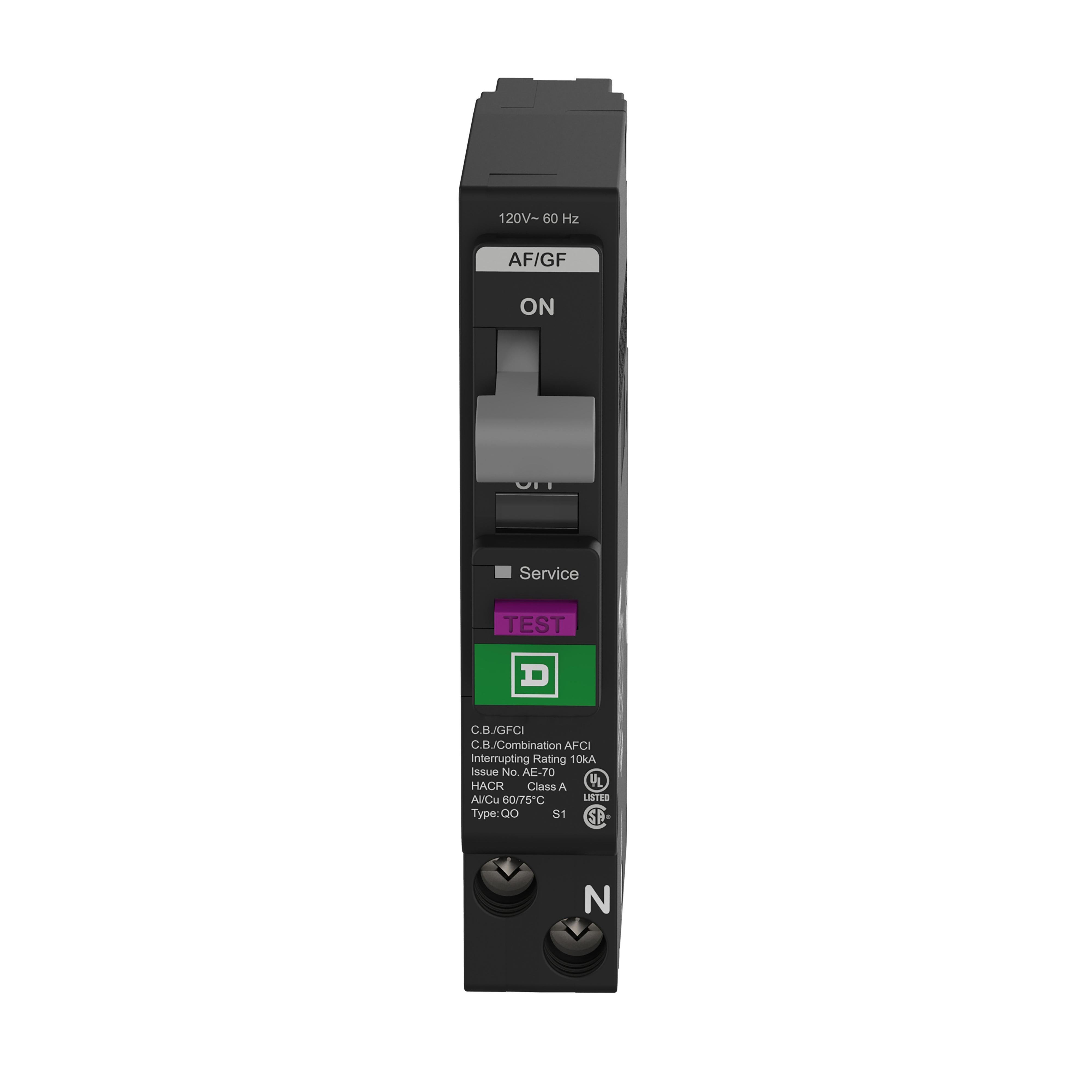 QO115PAFGF - [TAA] Mini circuit breaker, QO, 15A, 1 pole, 120VAC, 10kA, plug in, combo ARC fault, 6mA grd fault A, plug on neutral