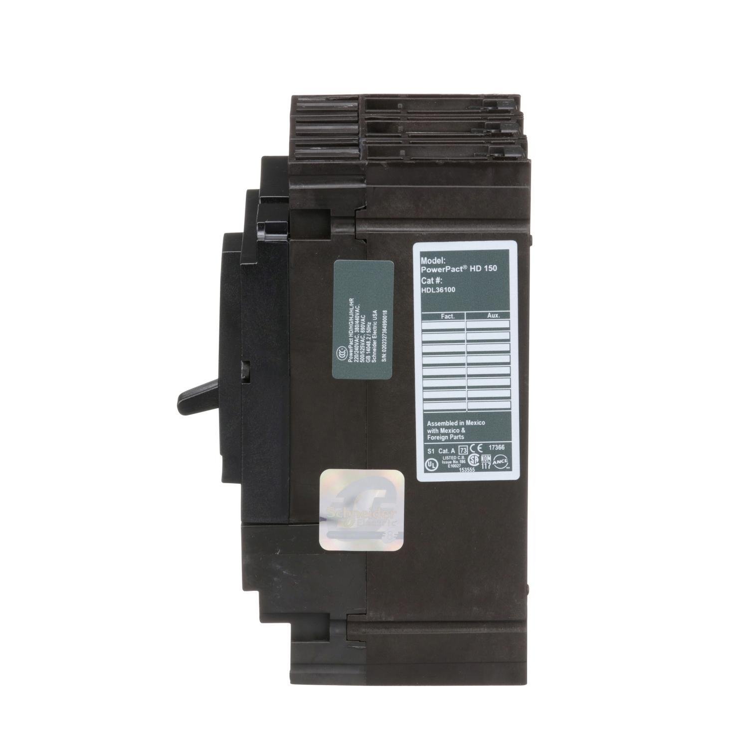 Picture of HDL36100 - Circuit breaker, PowerPacT H, 100A, 3 pole, 600VAC, 14kA, lugs, thermal magnetic, 80%