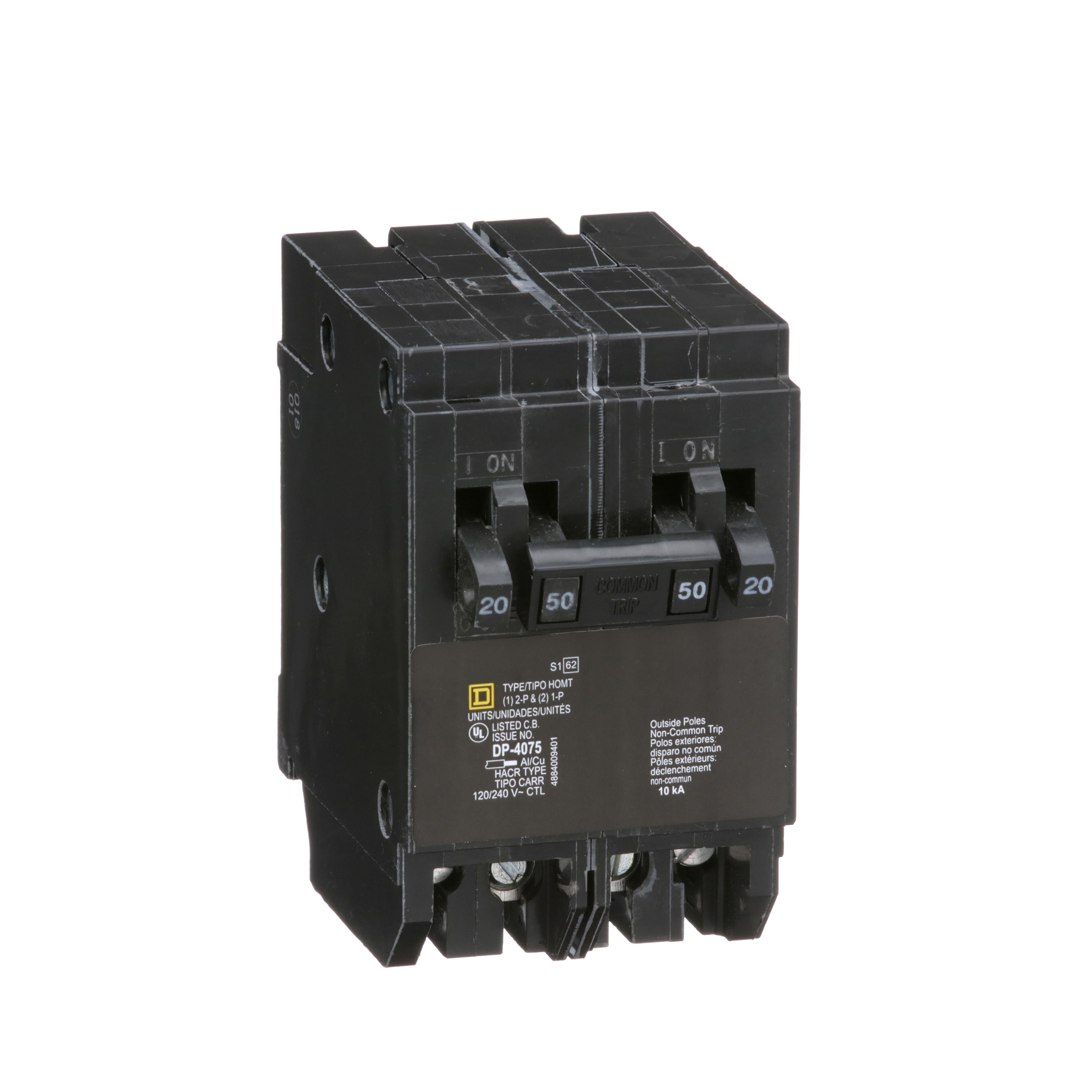 Picture of HOMT2020250 - Tandem circuit breaker, Homeline, 2 x 1 pole at 20A, 1 x 2 pole at 50A, 120/240VAC, 10kA AIR, plug in, UL