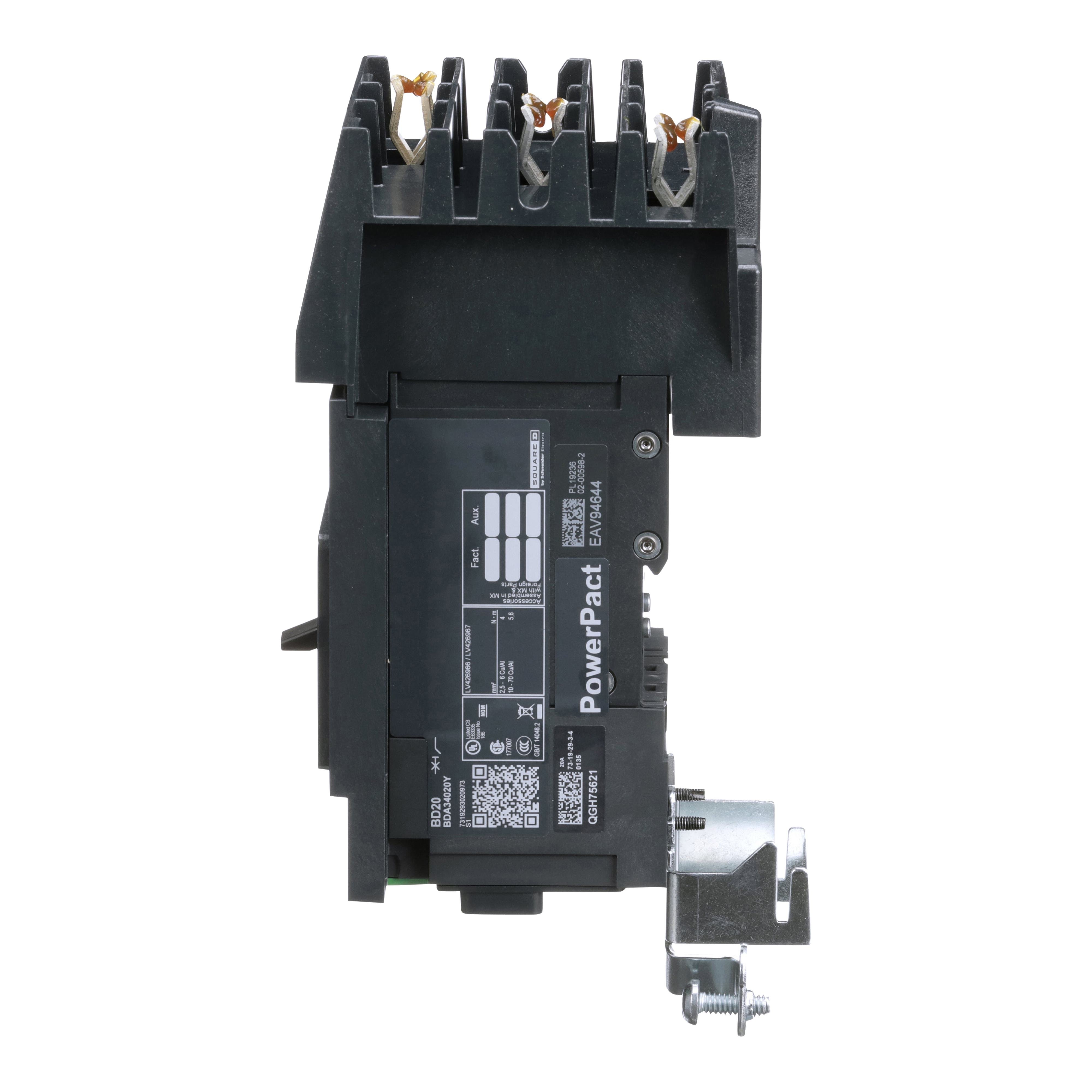 Picture of BDA34020Y - Circuit breaker, PowerPacT B, 20A, 3 pole, 480Y/277VAC, 18kA, I-Line, thermal magnetic, 80%, ABC