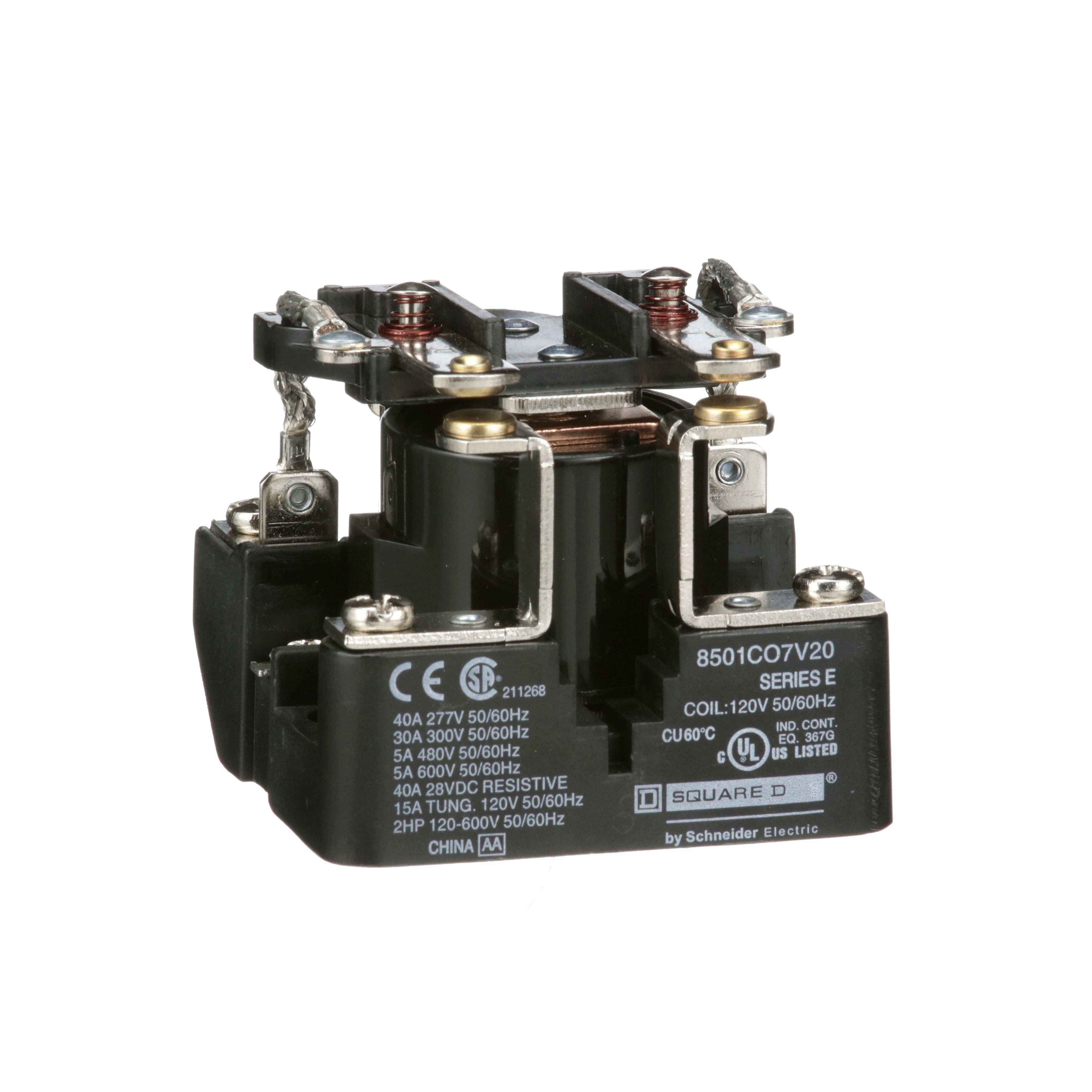 Picture of 8501CO7V20 - Power Relay, Type C, 2 HP, 30A resistive at 300 VAC, DPST, 2 normally open contacts, 120 VAC coil