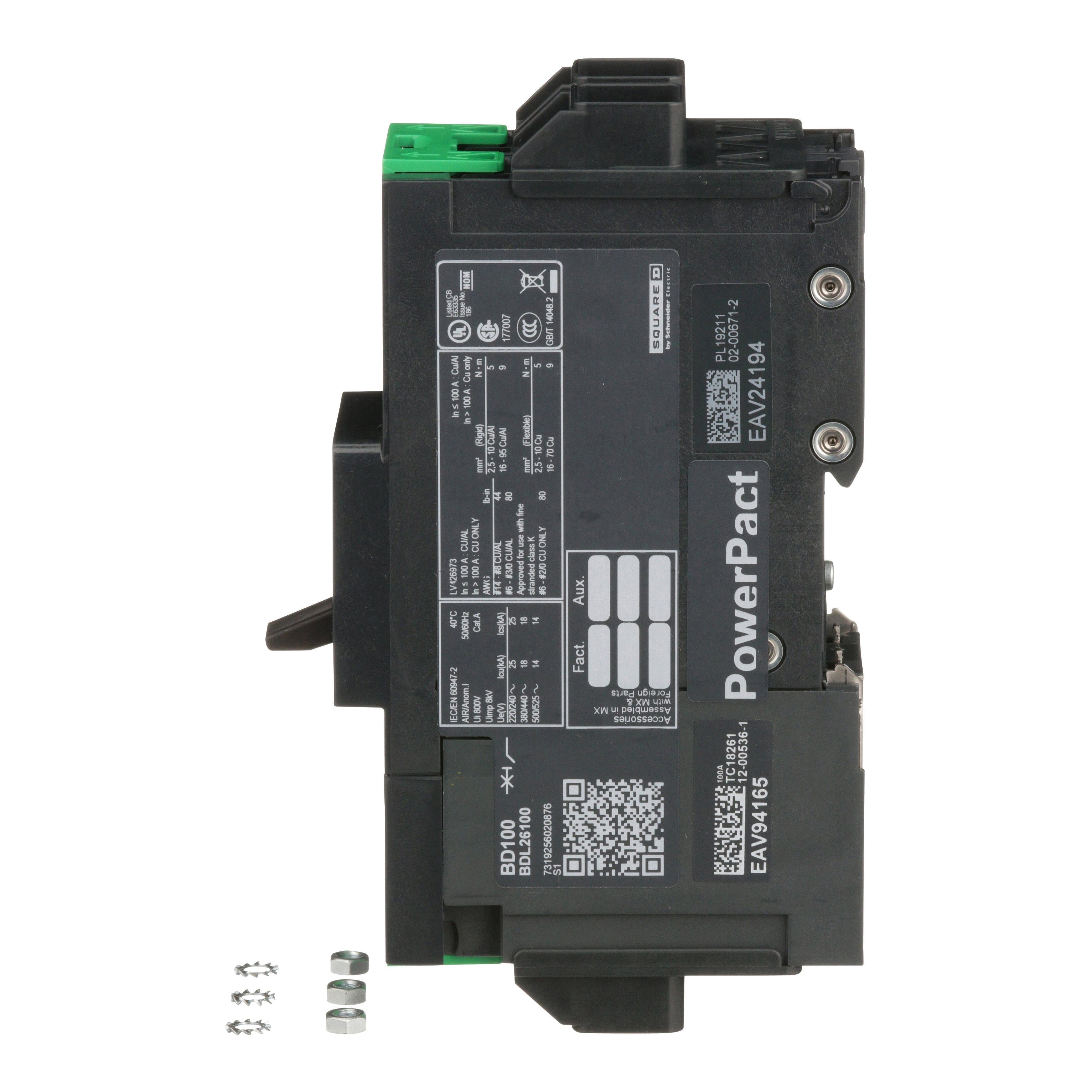 Picture of BDL26100 - Circuit breaker, PowerPacT B, 100A, 2 pole, 600Y/347VAC, 14kA, lugs, thermal magnetic, 80%