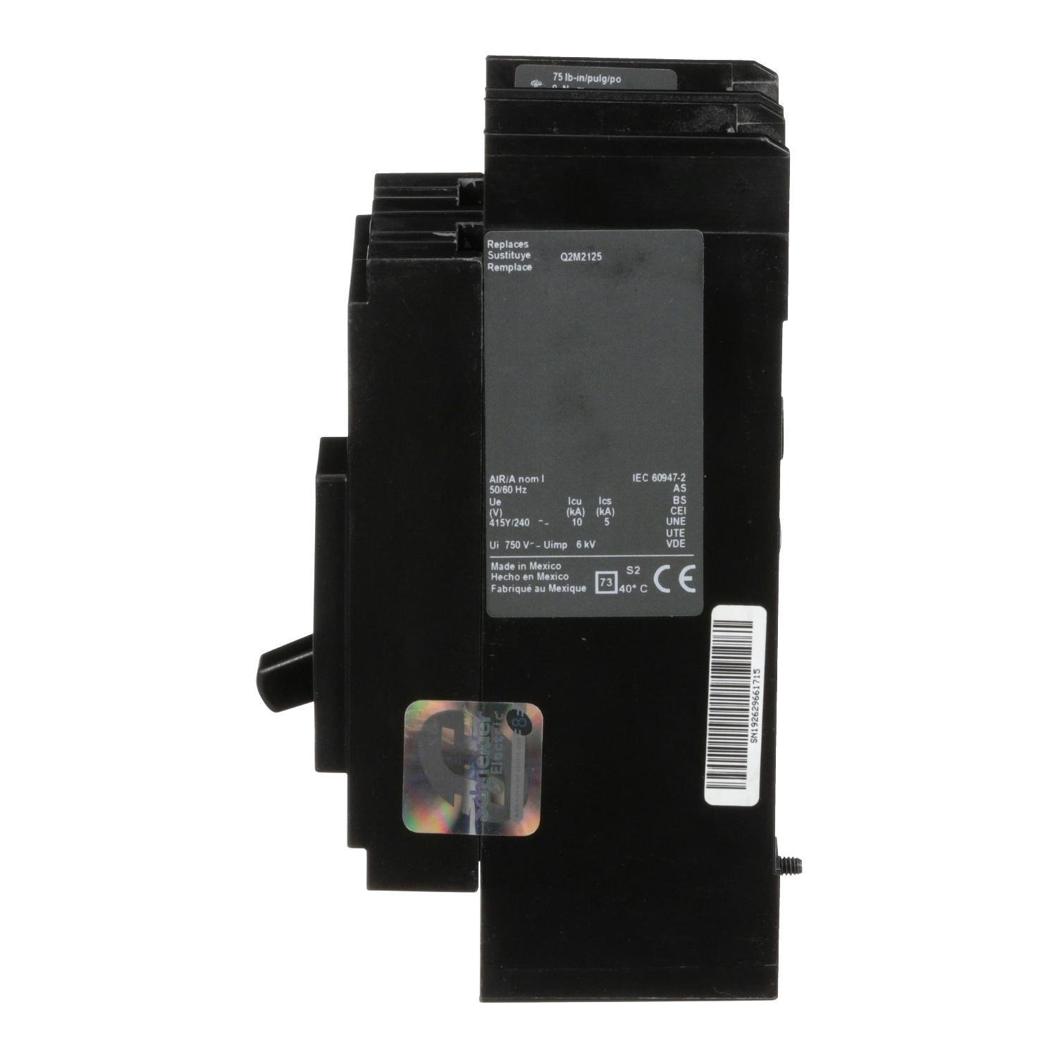 Picture of QBP22125TM - Circuit breaker, PowerPacT Q, 125A, 2 pole, 240VAC, 10kA, lugs, thermal magnetic, 80%, bottom of panel