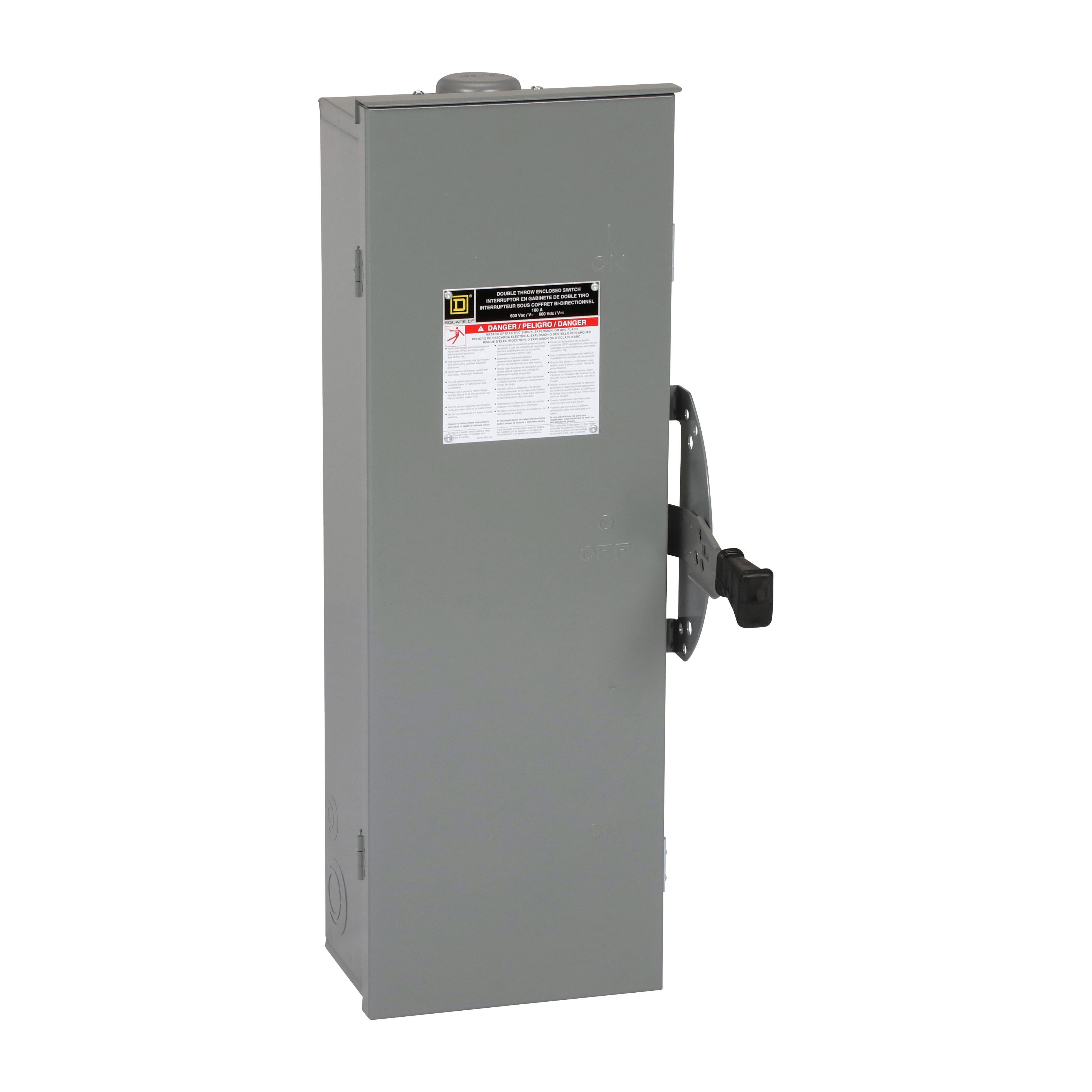 DTU363RB - Safety switch, double throw, non fusible, 3 pole, 3 wire, 600VAC, 600VDC, 100A, Type 3R, bolt on hub prov