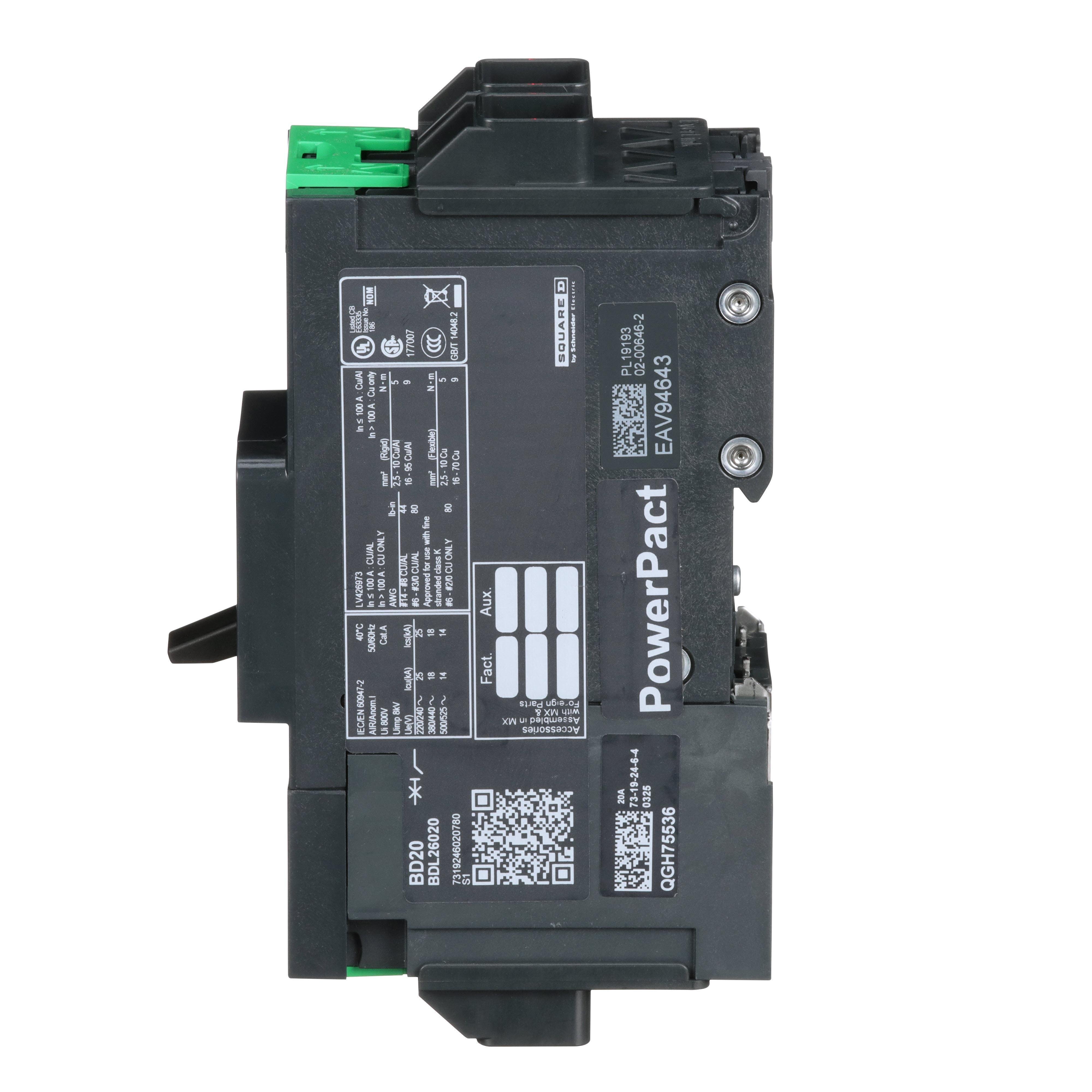 Picture of BDL26020 - Circuit breaker, PowerPacT B, 20A, 2 pole, 600Y/347VAC, 14kA, lugs, thermal magnetic, 80%