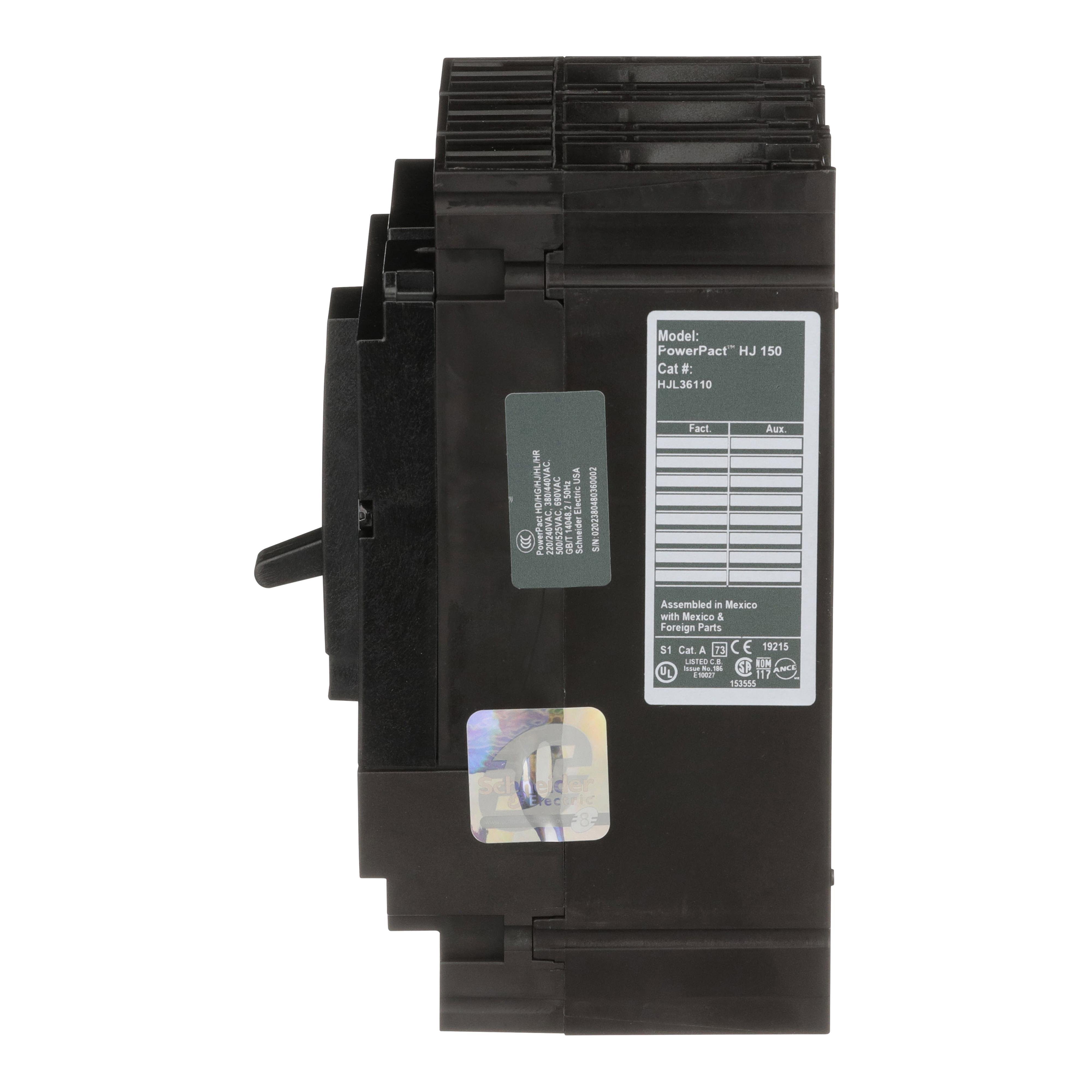 Picture of HJL36110 - Circuit breaker, PowerPacT H, 110A, 3 pole, 600VAC, 25kA, lugs, thermal magnetic, 80%