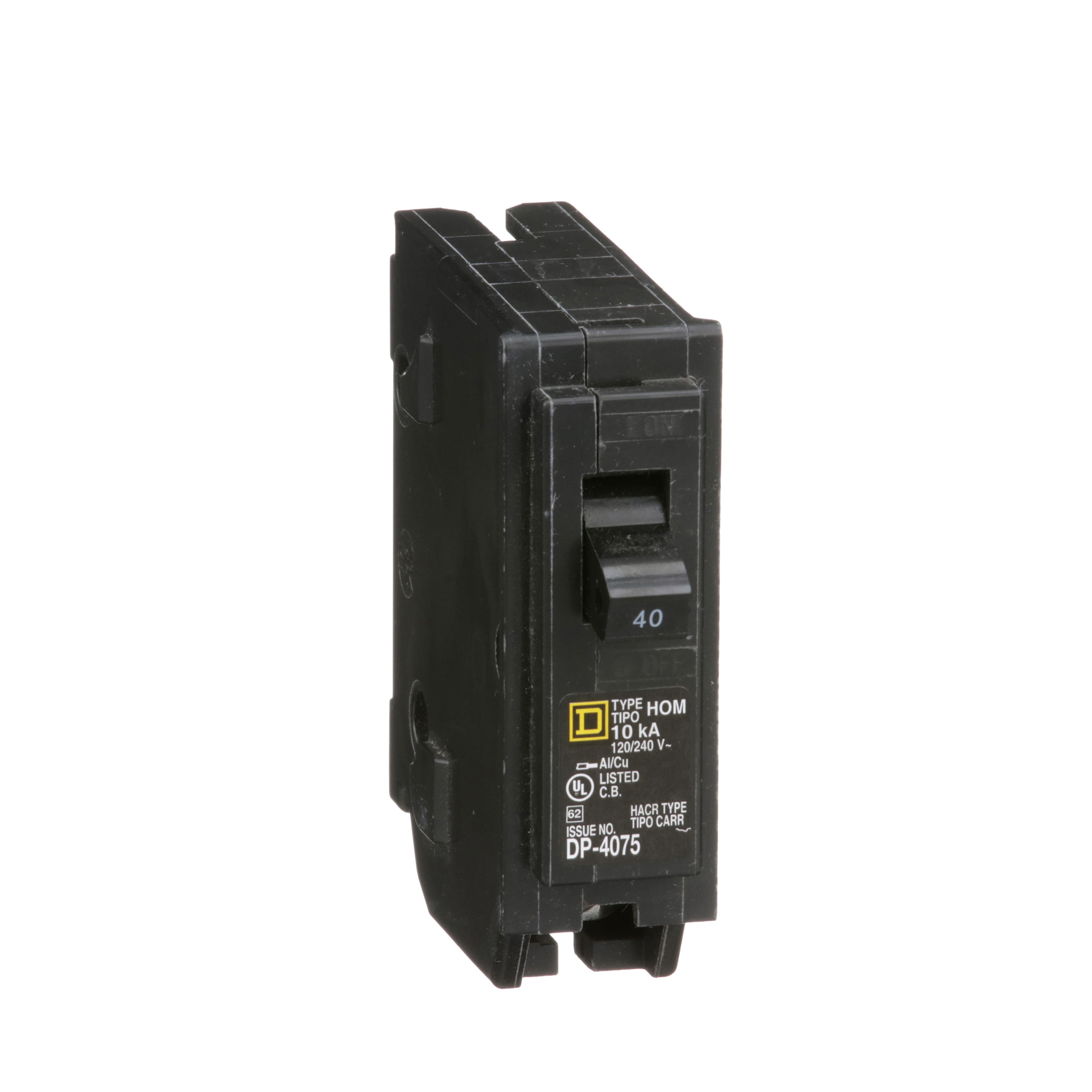 HOM140 - Mini circuit breaker, Homeline, 40A, 1 pole, 120/240VAC, 10kA AIR, standard type, plug in, UL