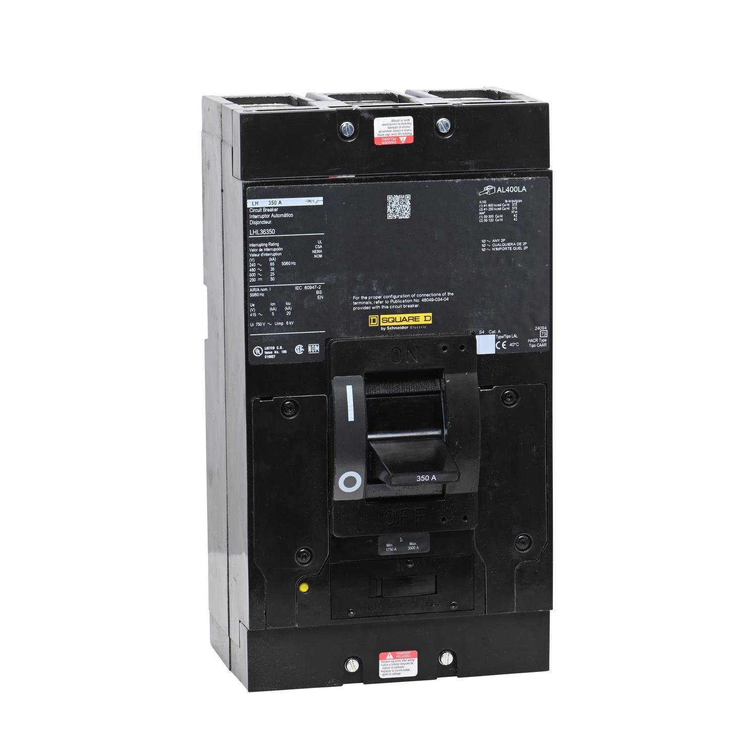 Picture of LHL36350 - Circuit breaker, LH, 350A, 3 pole, 600VAC, 25kA, 250VDC, 50kA, lugs, thermal magnetic