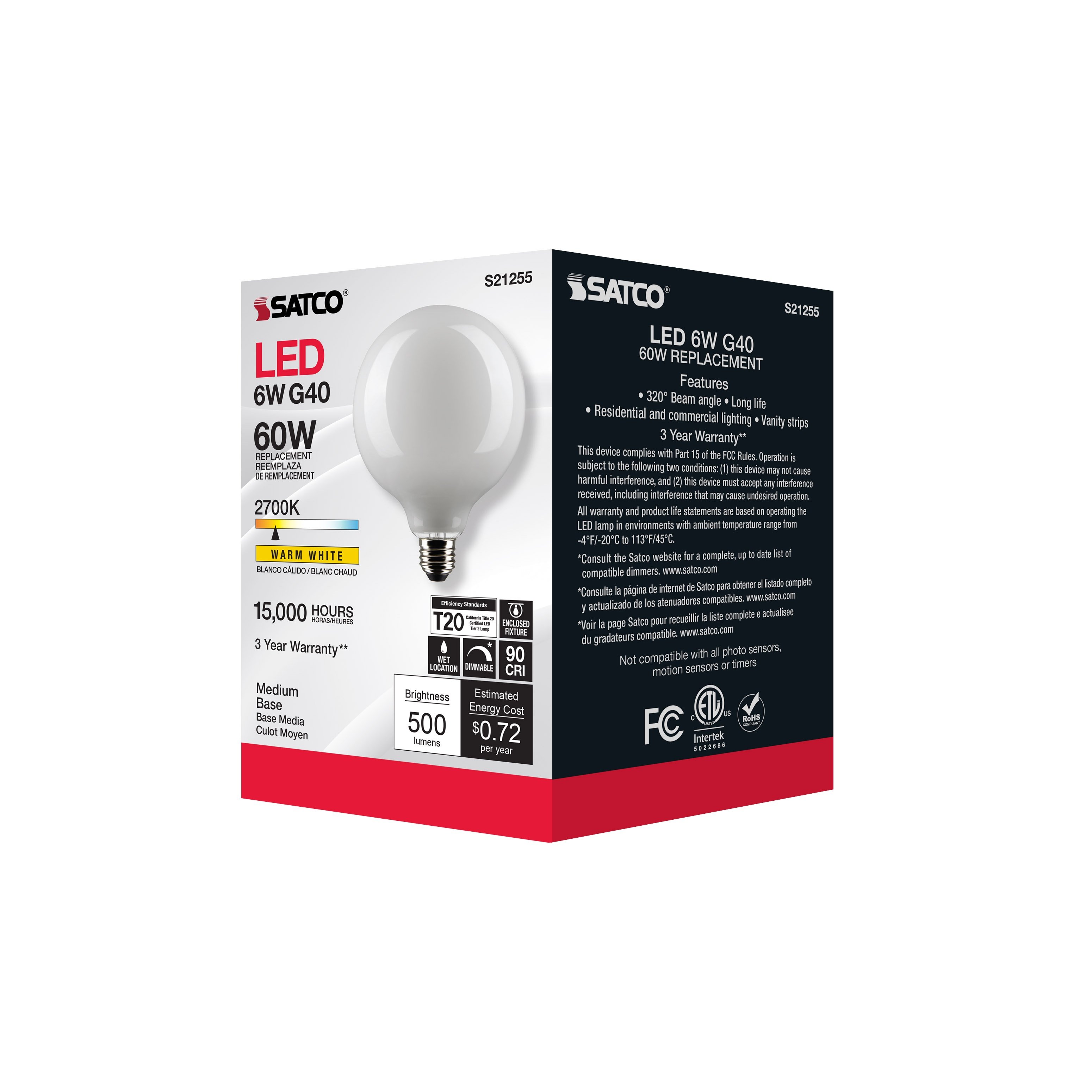 Picture of S21255 - 6 Watt G40 LED - White - Medium base - 90 CRI - 2700K - 120 Volt