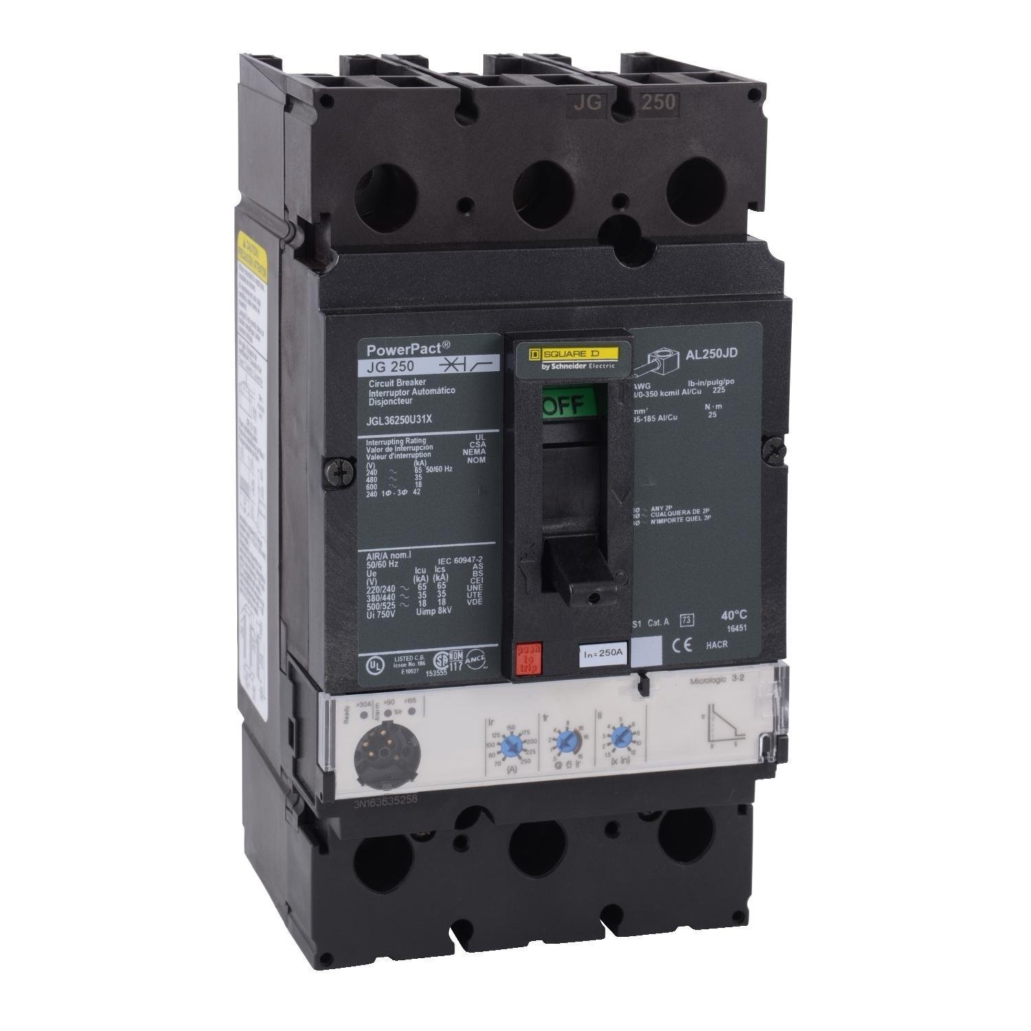JGL36250U31X - Circuit breaker, PowerPacT J, 250A, 3 pole, 600VAC, 18kA, lugs, Micrologic 3.2, 80%
