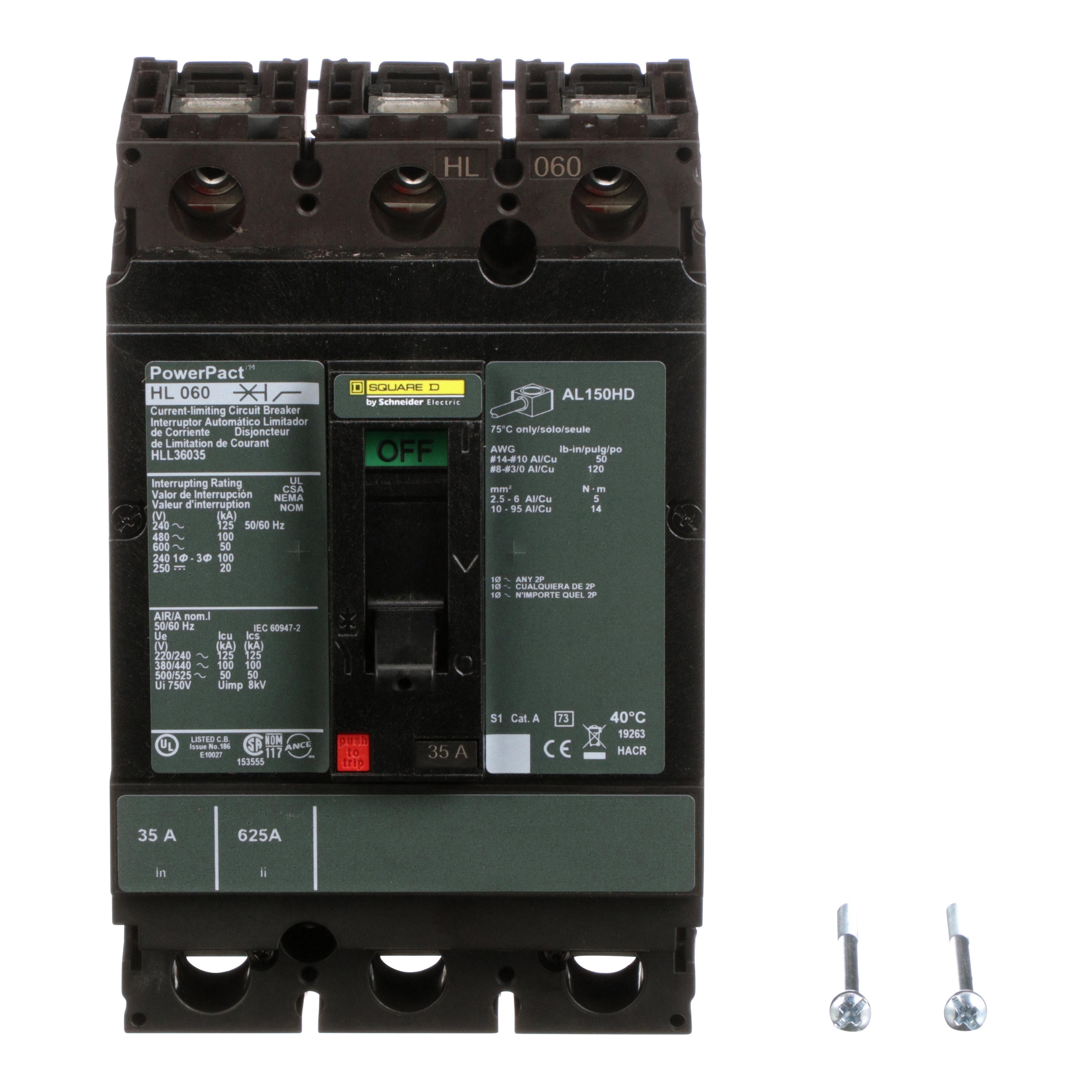 Picture of HLL36035 - Circuit breaker, PowerPacT H, 35A, 3 pole, 600VAC, 50kA, lugs, thermal magnetic, 80%