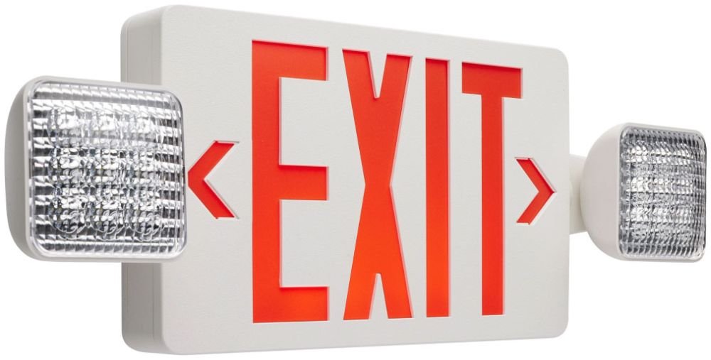 67/121 - Combination Red Exit Sign/Emergency Light, 90min Ni-Cad backup, 120/277V, Dual Head, Single/Dual Face, Universal Mounting