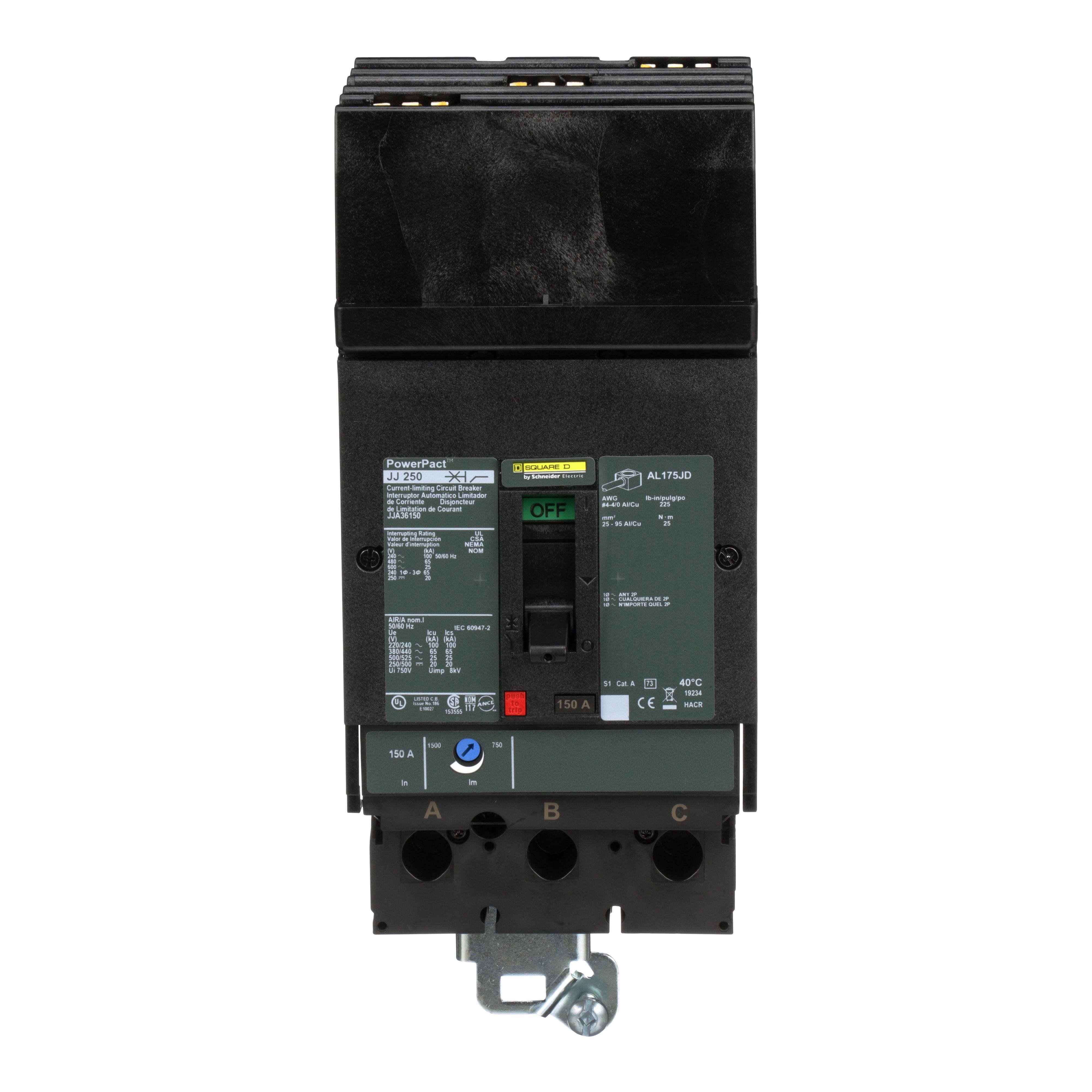 JJA36150 - Circuit breaker, PowerPacT J, 150A, 3 pole, 600VAC, 25kA, I-Line, thermal magnetic, 80%, ABC