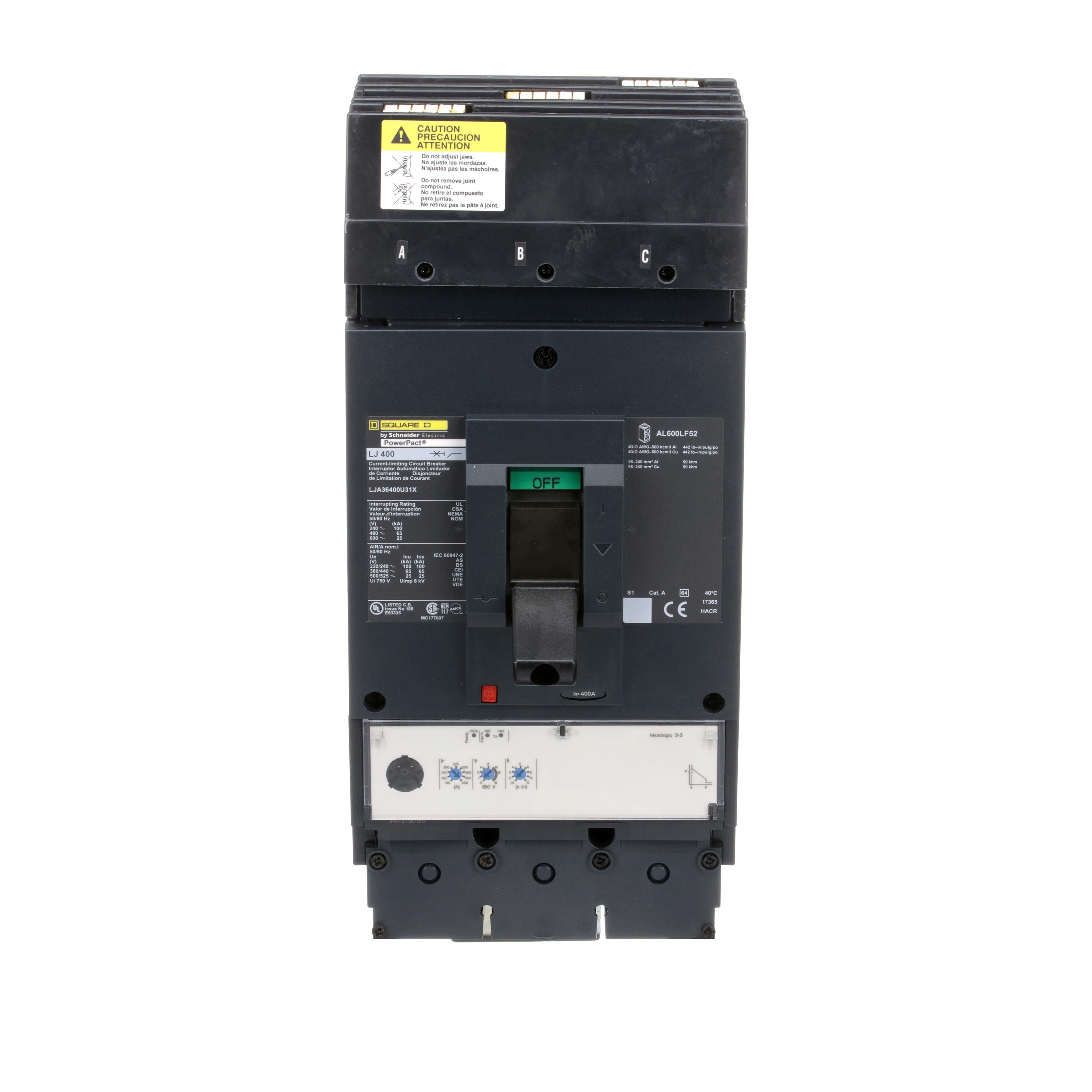 Picture of LJA36400U31X - Circuit breaker, PowerPacT L, 400A, 3 pole, 600VAC, 25kA, I-Line, MicroLogic 3.3, 80%, ABC