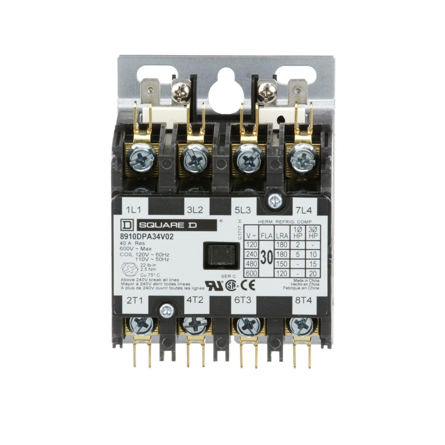 8910DPA34V02 - Contactor, Definite Purpose, 30A, 4 pole, 20HP at 575VAC, 3 phase, 110/120VAC 50/60Hz coil, open