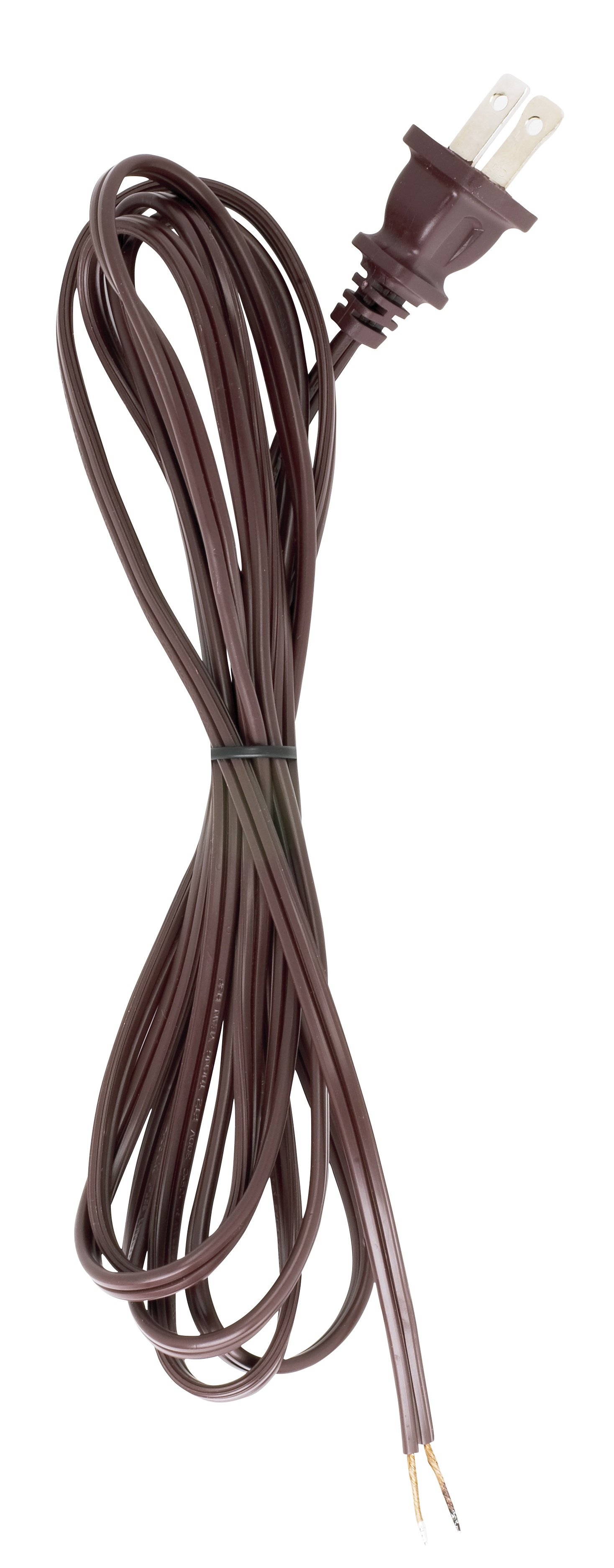 90-1524 - 8 Foot 18/2 SPT-1 105C Cord Set; Brown Finish; 36" Hank; 200 Carton; Molded Polarized Plug; Tinned Tips 3/4" Strip With 2" Slit