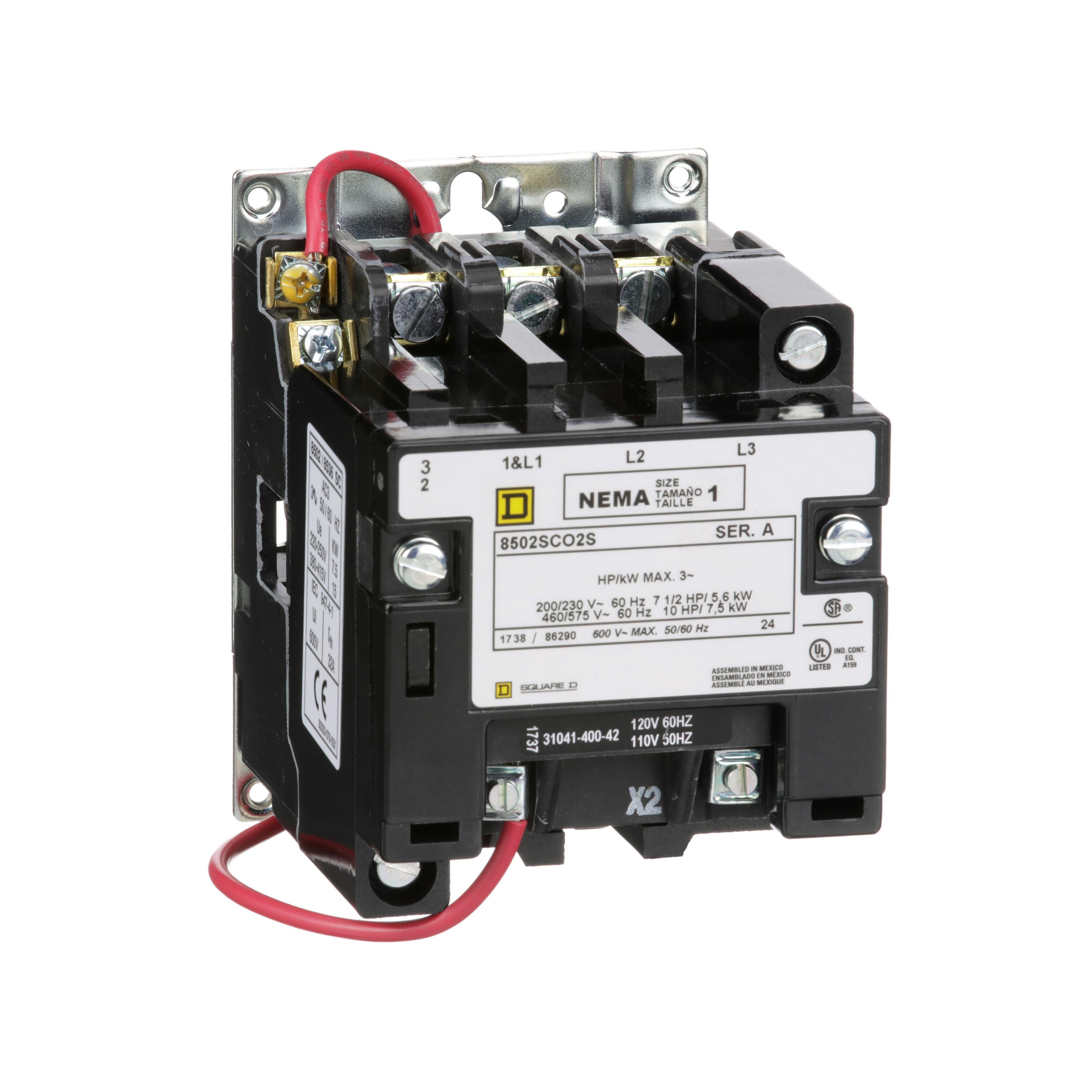 8502SCO2V02S - NEMA Contactor, Type S, nonreversing, Size 1, 27A, 10 HP at 575 VAC, 3 phase, up to 100 kA, 3 pole, 120 VAC coil, open
