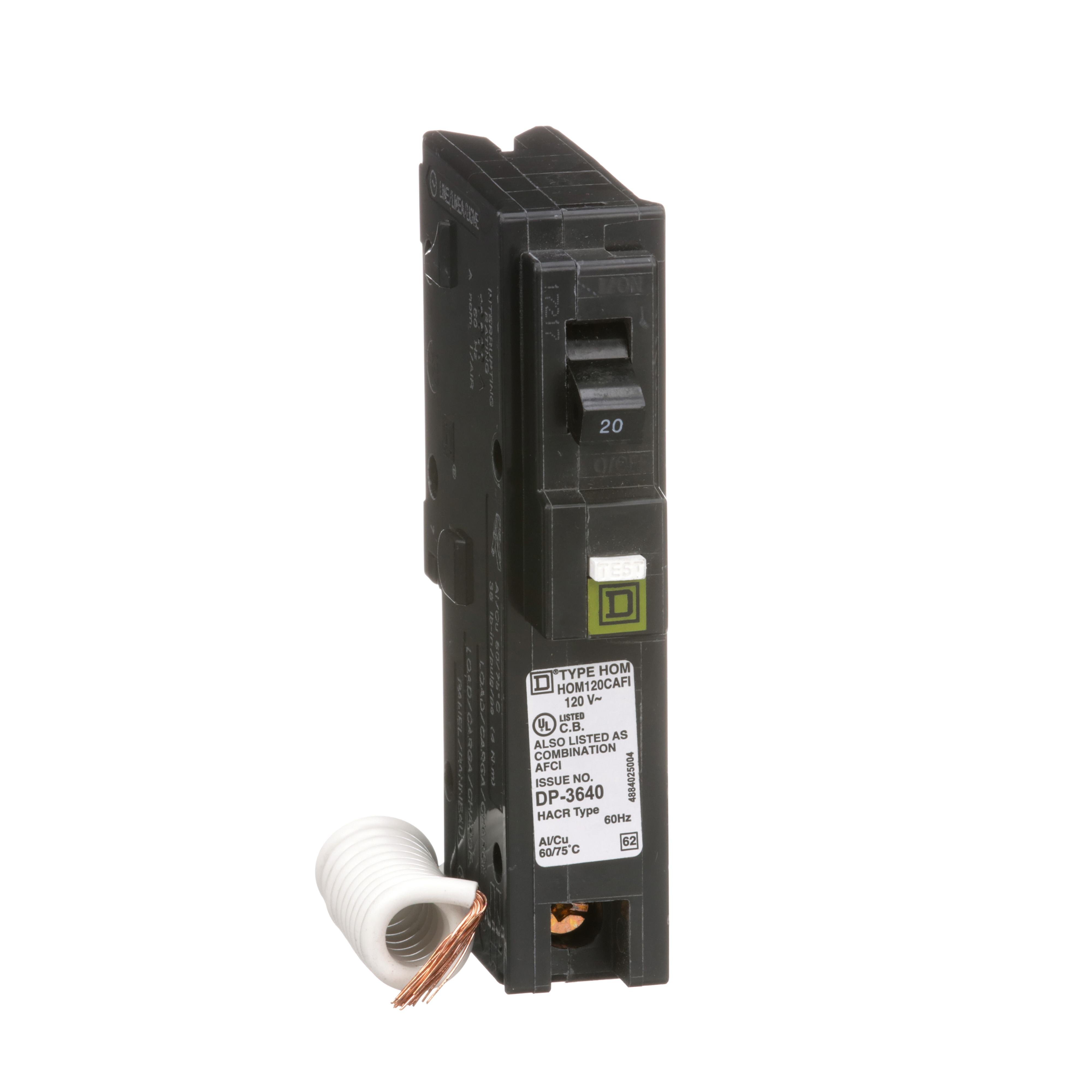 HOM120CAFI - [TAA] Mini circuit breaker, Homeline, 20A, 1 pole, 120VAC, 10kA AIR, combo arc fault, pigtail neutral, plug in, UL