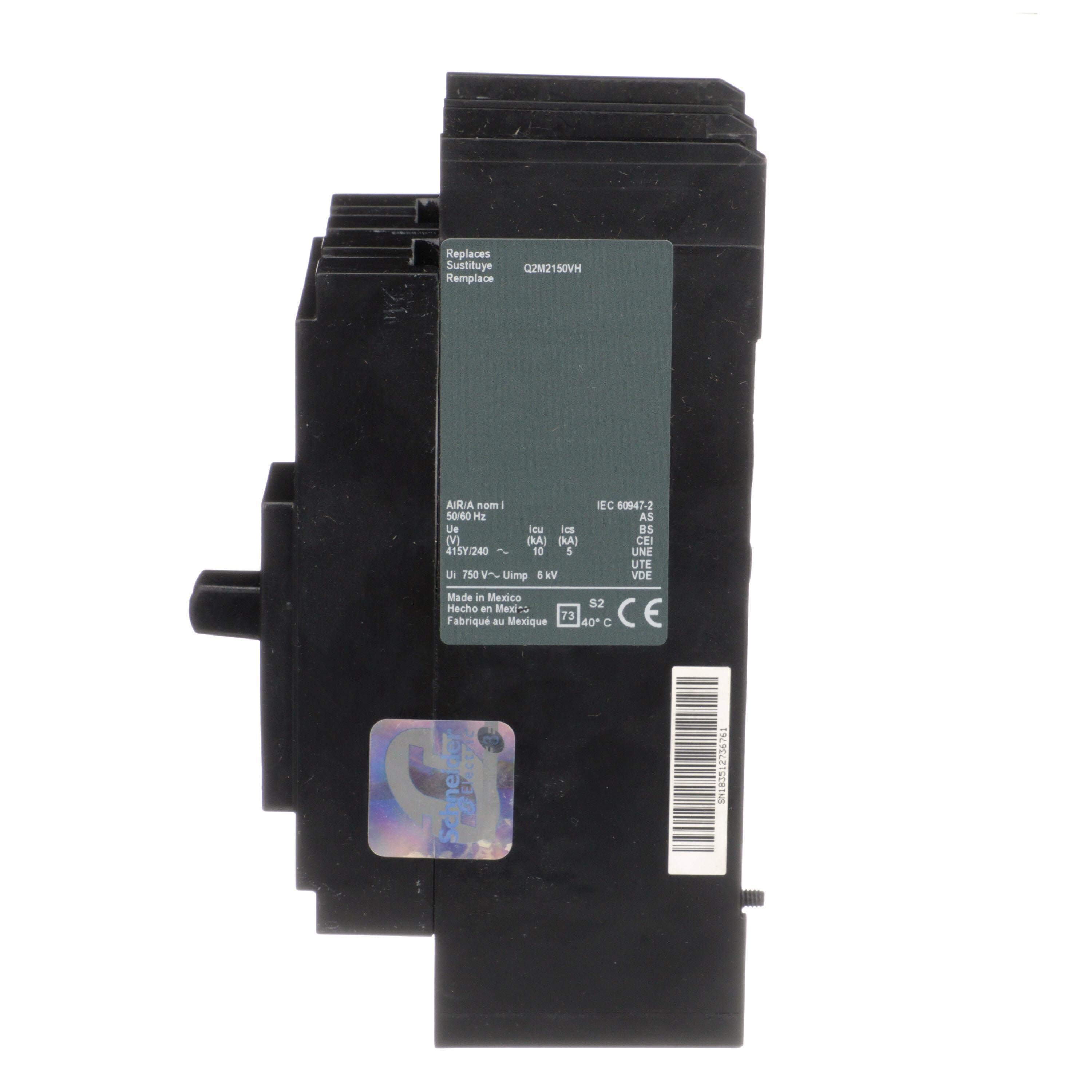 Picture of QDP22150TM - Circuit breaker, PowerPacT Q, 150A, 2 pole, 240VAC, 25kA, lugs, thermal magnetic, 80%, bottom of panel