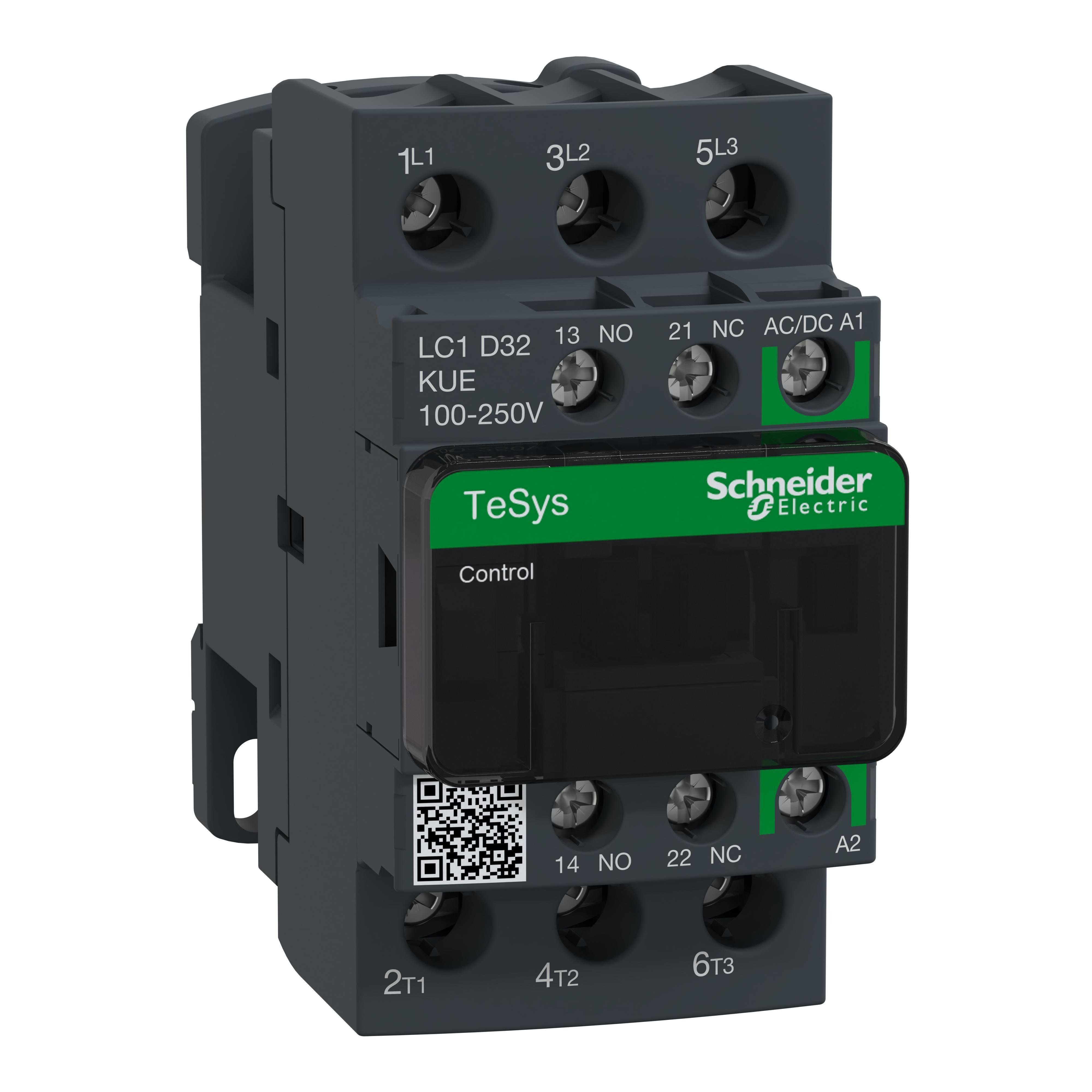 Picture of LC1D32KUE - IEC contactor, TeSys Deca Advanced, nonreversing, 32A, 20HP at 480VAC, up to 100kA SCCR, 3 phase, 3 NO, 100/250VAC/VDC coil, open