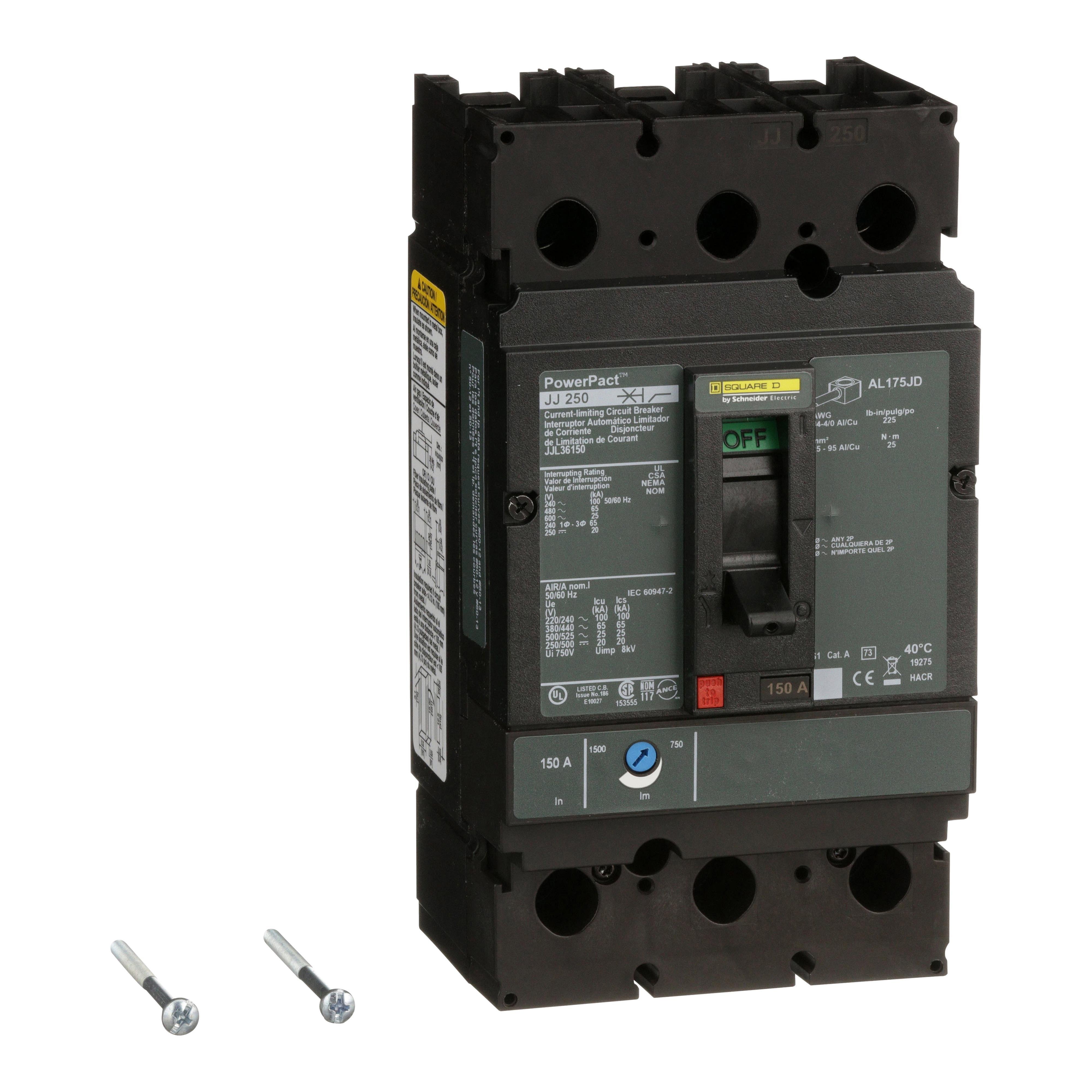 JJL36150 - Circuit breaker, PowerPacT J, 150A, 3 pole, 600VAC, 25kA, lugs, thermal magnetic, 80%
