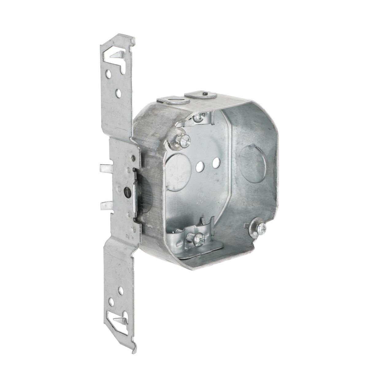 164 - 4 in. Octagon Box, Drawn, 1-1/2 in. Deep, Two 1/2 in. KO's & NMSC Clamps, TS Bracket