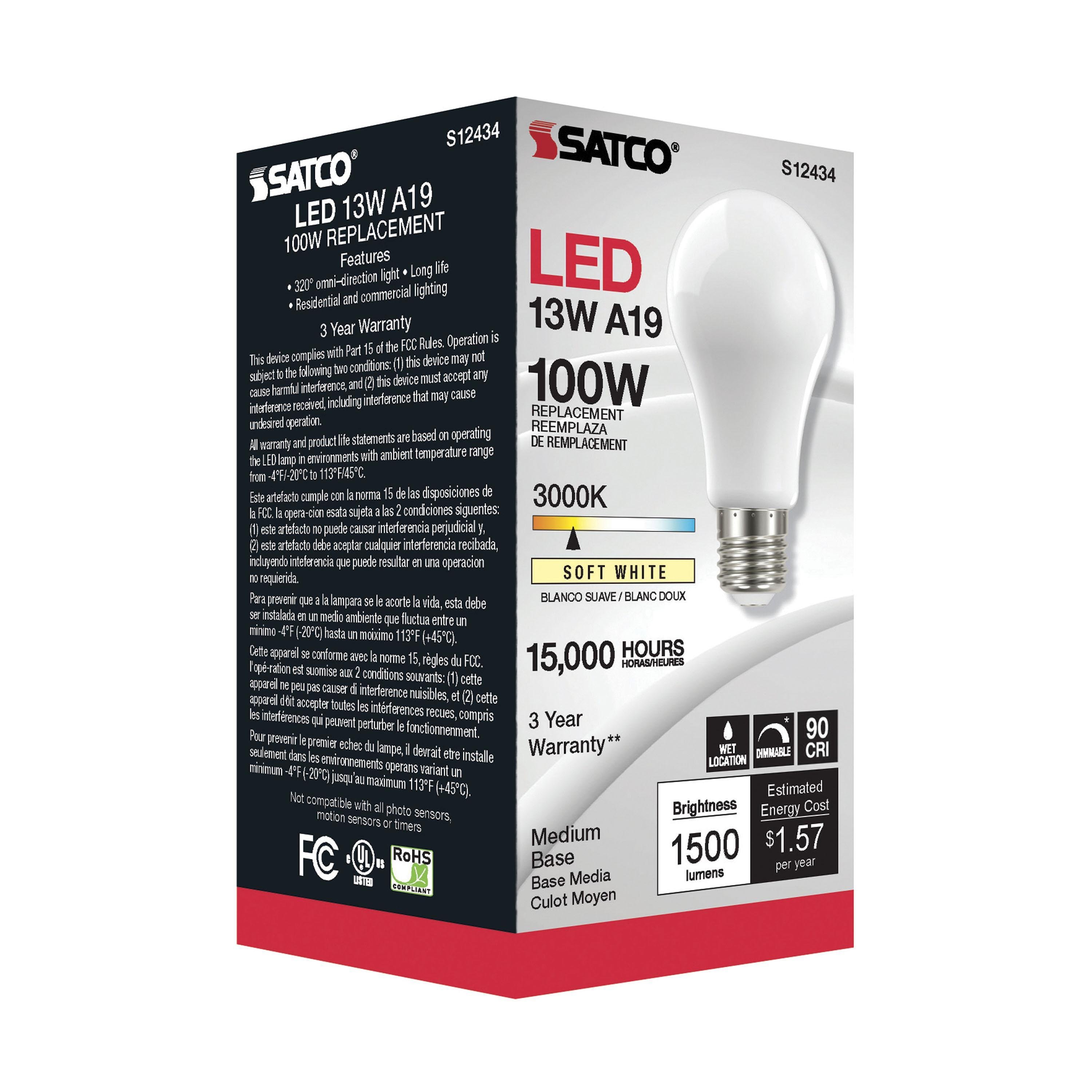 Picture of S12434 - 13.5 Watt LED A19 - Soft White - Medium Base - 3000K - 90 CRI - 120 Volt