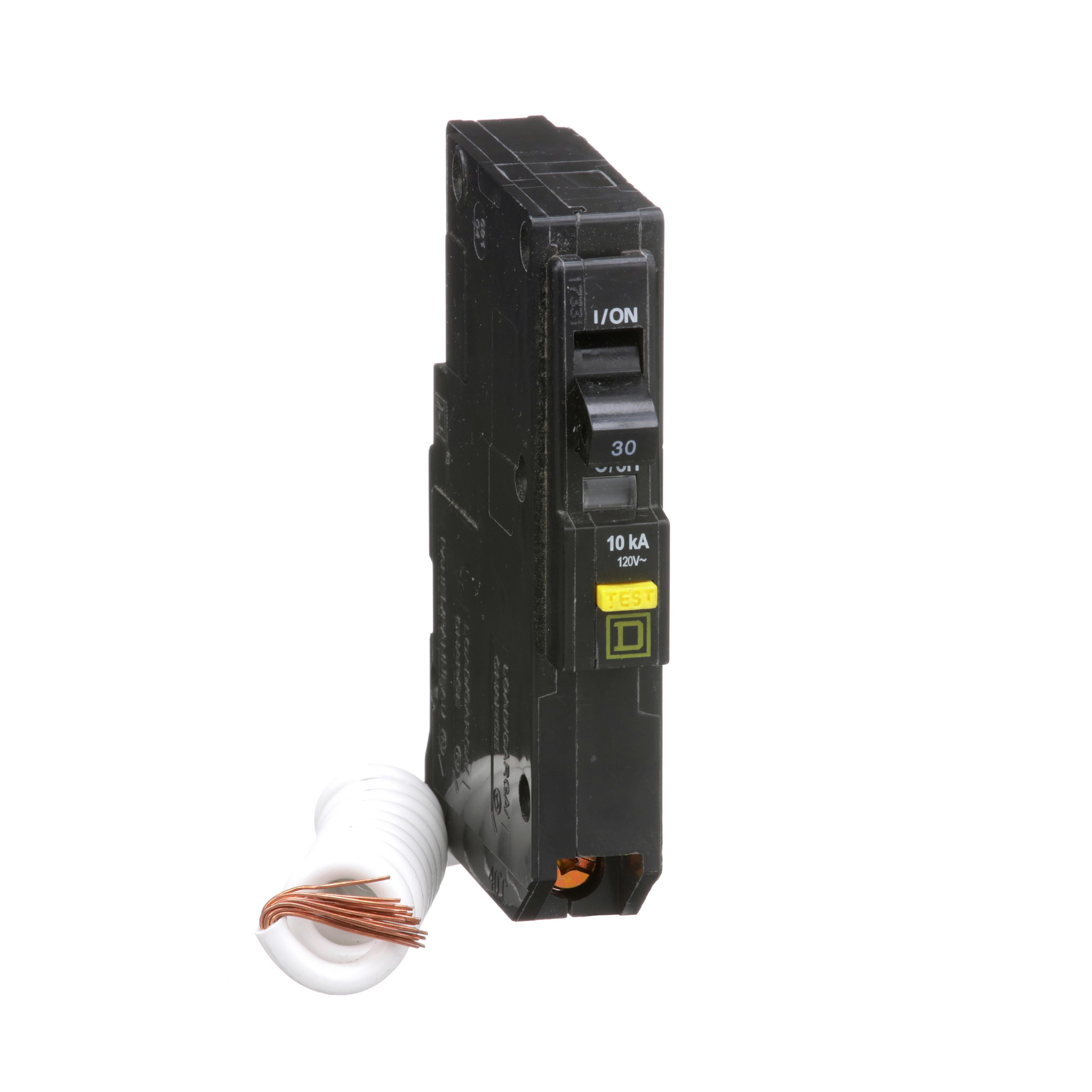 QO130GFI - Mini circuit breaker, QO, 30A, 1 pole, 120VAC, 10kA, plug in, 6mA grd fault A, pigtail