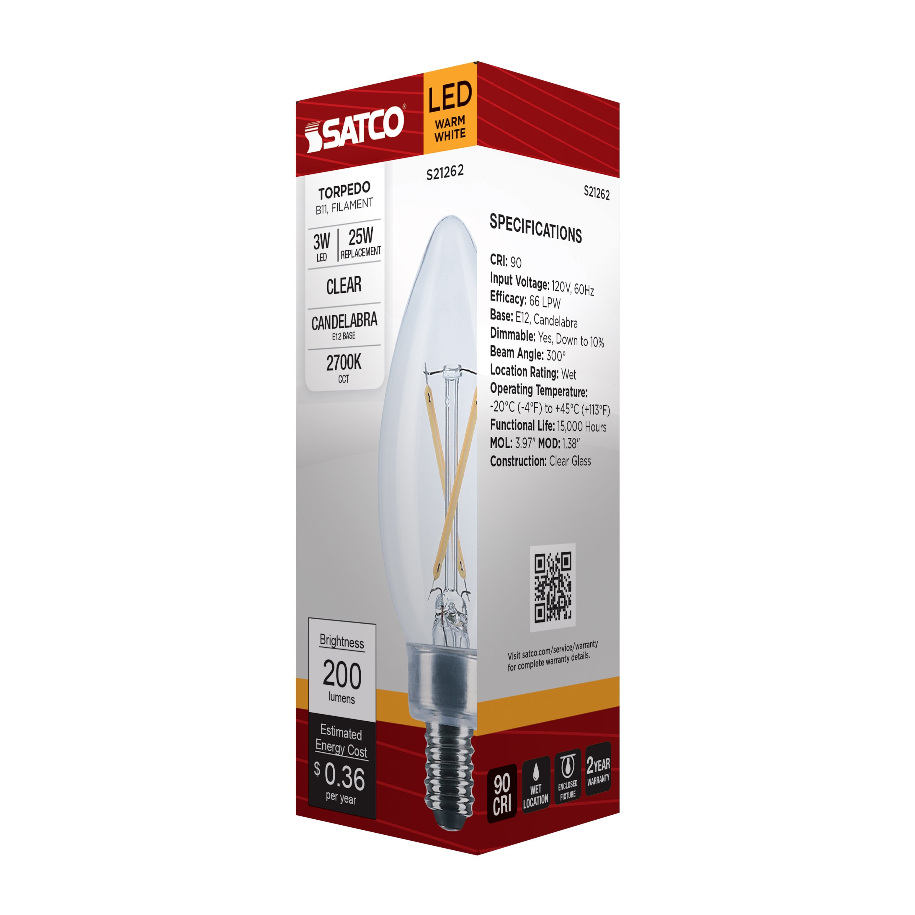 Picture of S21262 - 3 Watt B11 LED - Clear - Candelabra base - 90 CRI - 2700K - 120 Volt