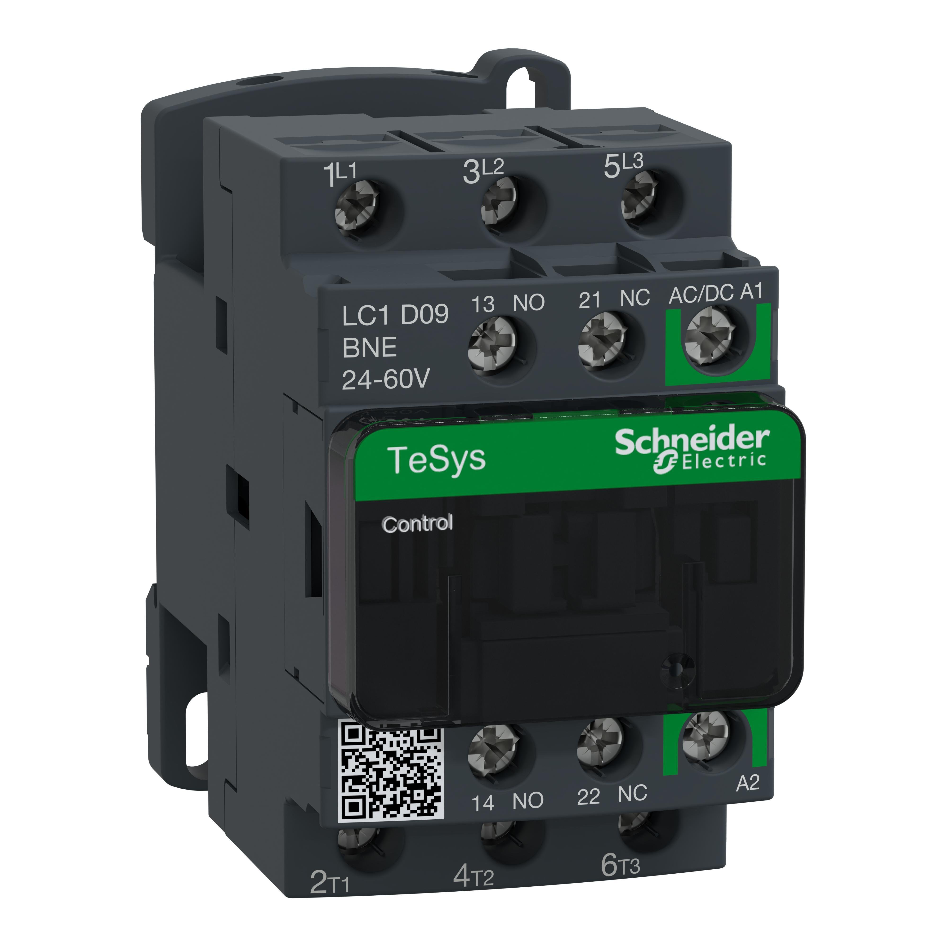 LC1D09BNE - IEC contactor, TeSys Deca, nonreversing, 9A, 5HP at 480VAC, up to 100kA SCCR, 3 phase, 3 NO, 24/60 VAC/VDC coil, open