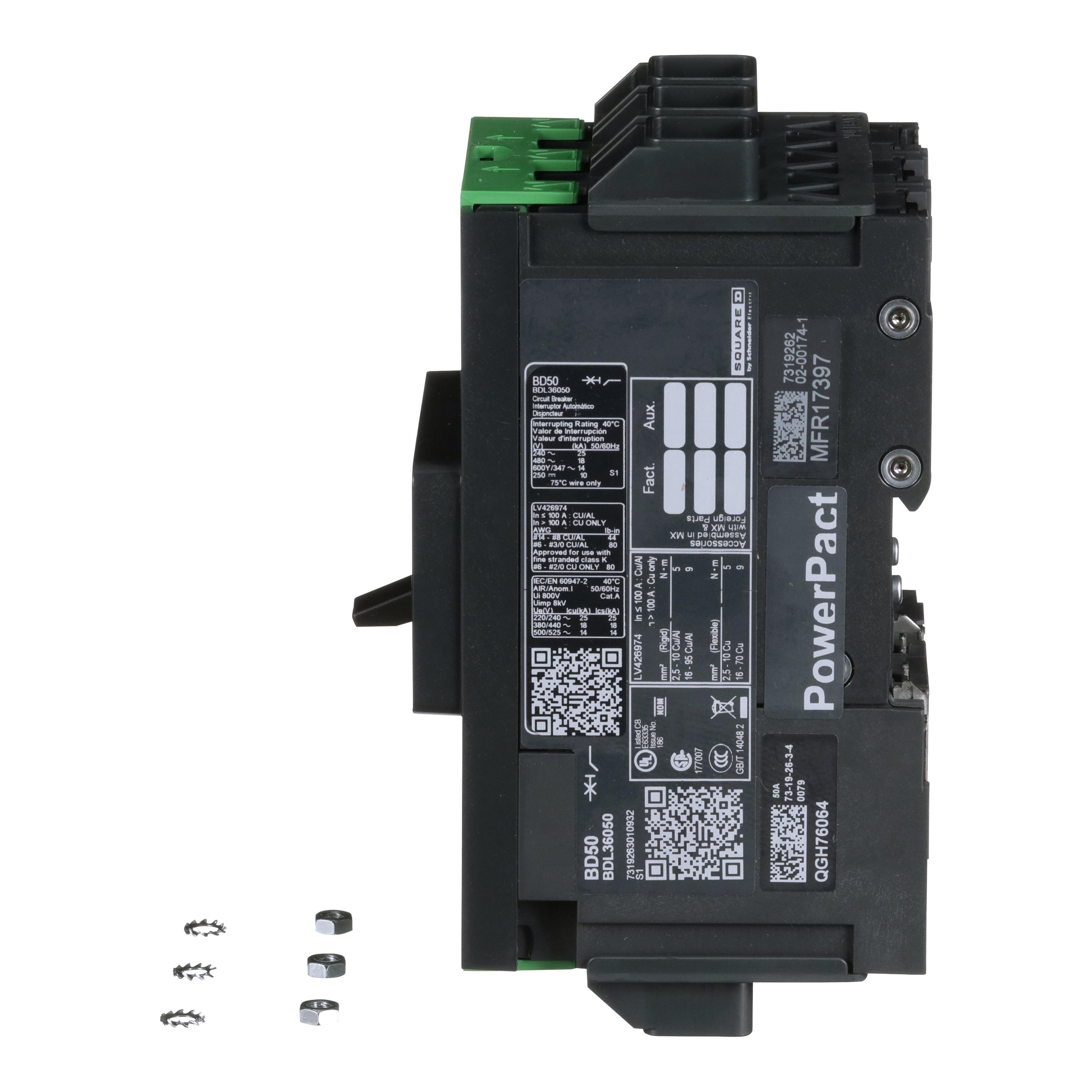 Picture of BDL36050 - Circuit breaker, PowerPacT B, 50A, 3 pole, 600Y/347VAC, 14kA, lugs, thermal magnetic, 80%