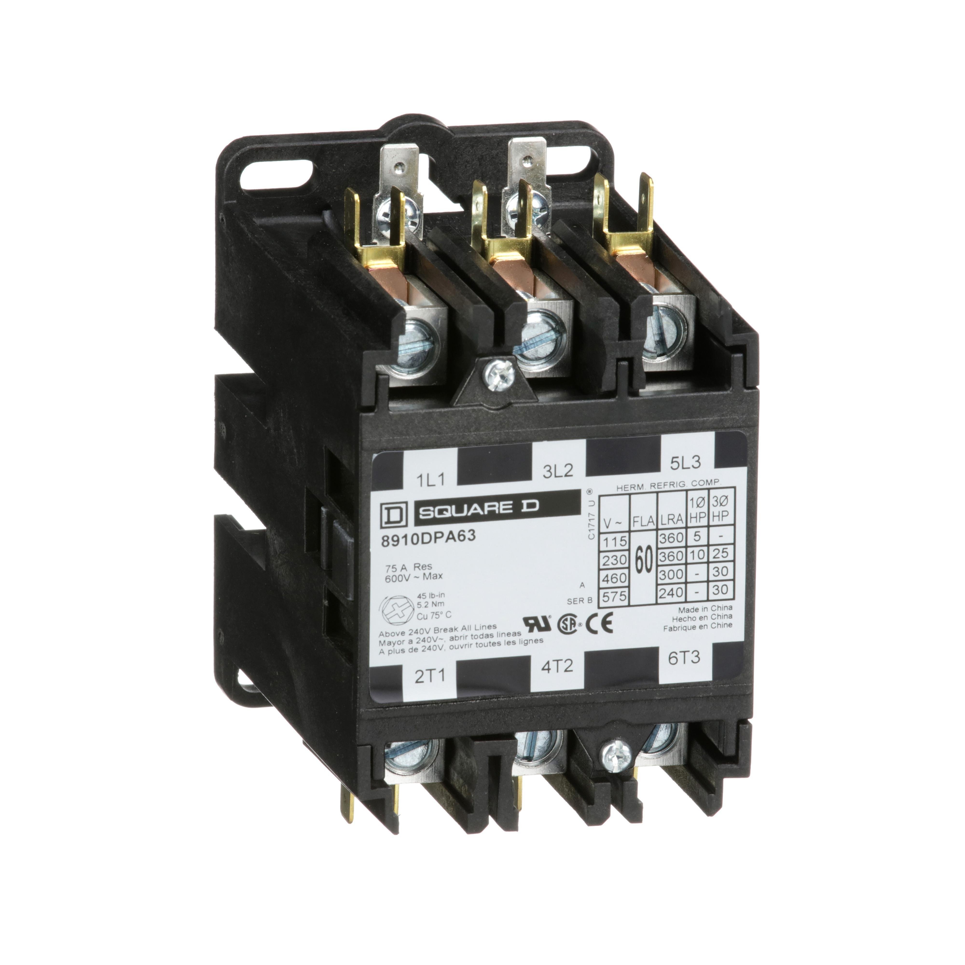 8910DPA63V06 - Contactor, Definite Purpose, 60A, 3 pole, 30HP at 575VAC, 3 phase, 440/480VAC 50/60Hz coil, open