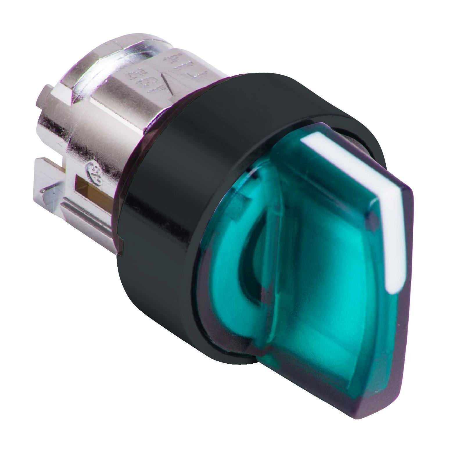 Picture of ZB5AK1733 - Head for illuminated selector switch, Harmony XB5, dark grey plastic, green handle, 22mm, universal LED, 3 positions, left to center
