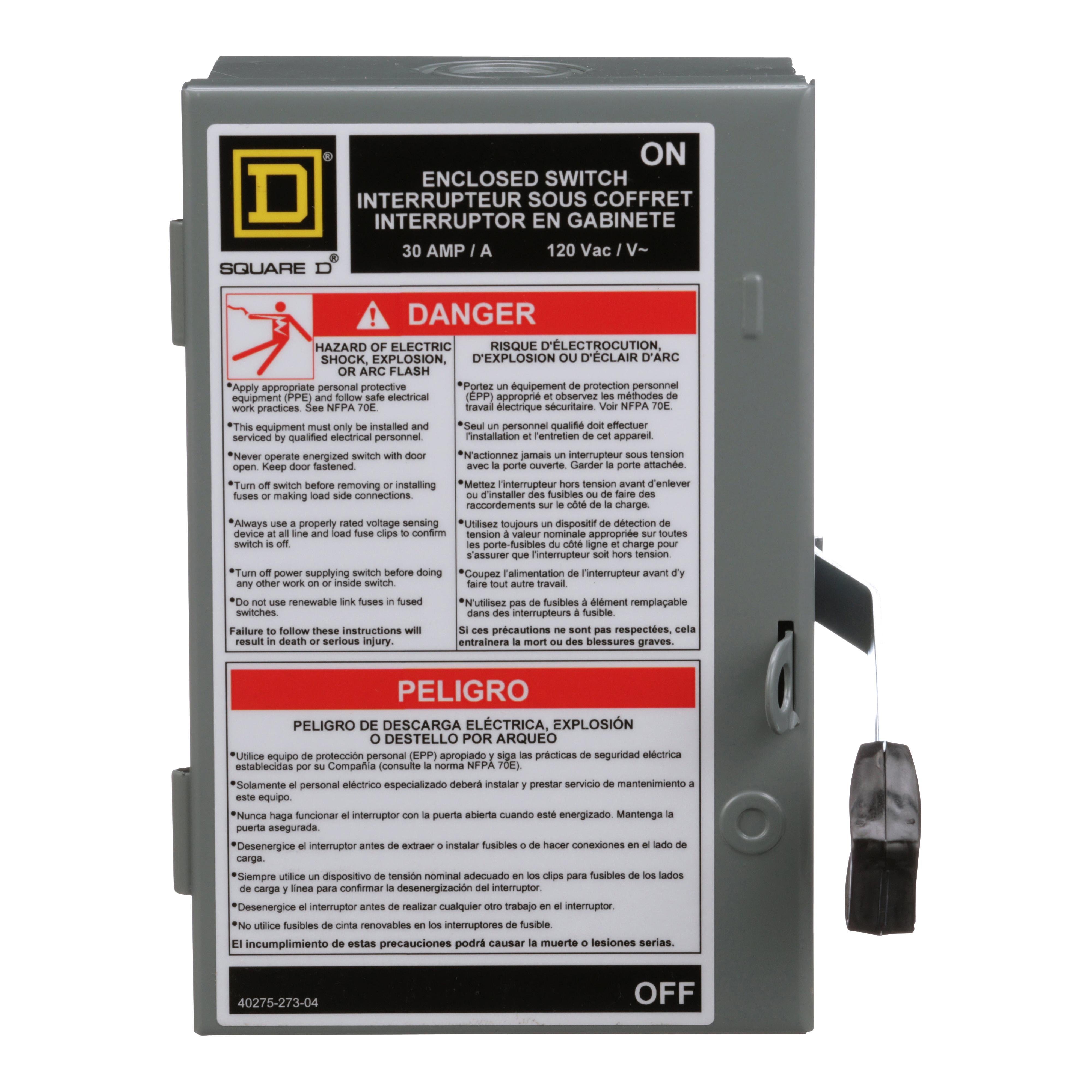 Picture of L111N - Safety switch, light duty, fusible, 1 pole, 2 wire, 120VAC, 30A, Type 1, with neutral