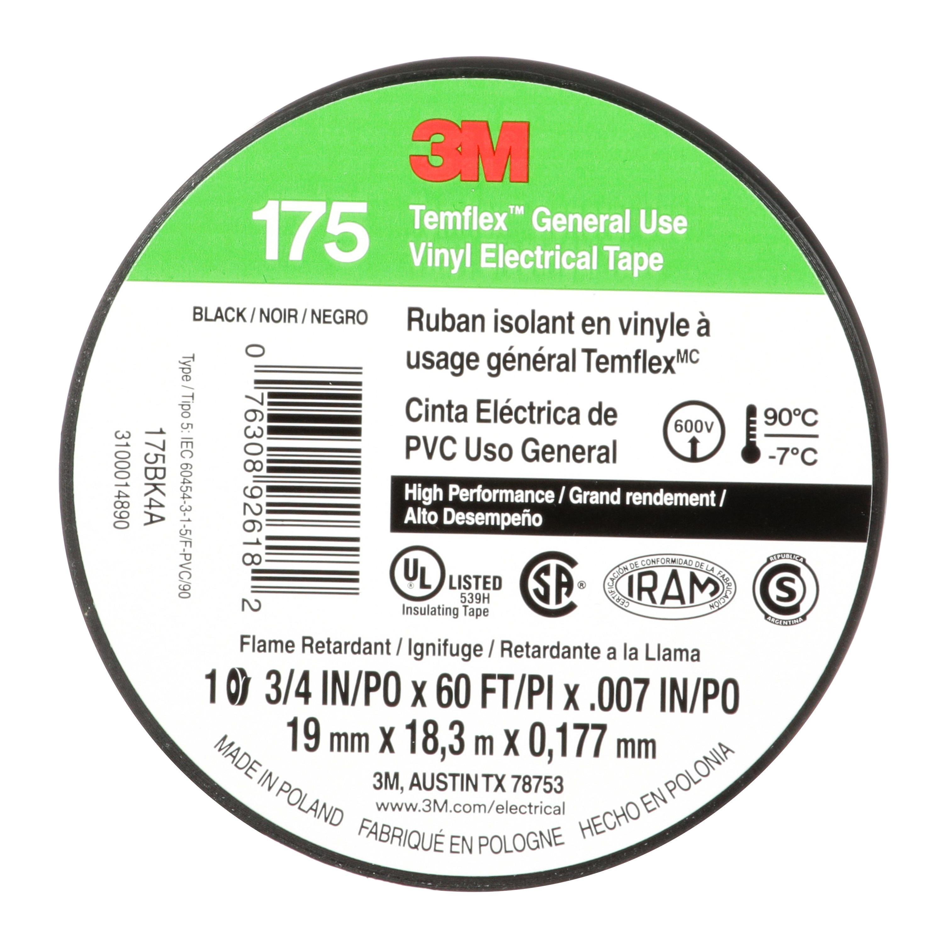 Picture of 7100188506 - 3M™ Temflex™ Vinyl Electrical Tape 175, Black, 3/4 in x 60 ft (19 mm x 18 m), 7 mil, 100 Rolls/Case