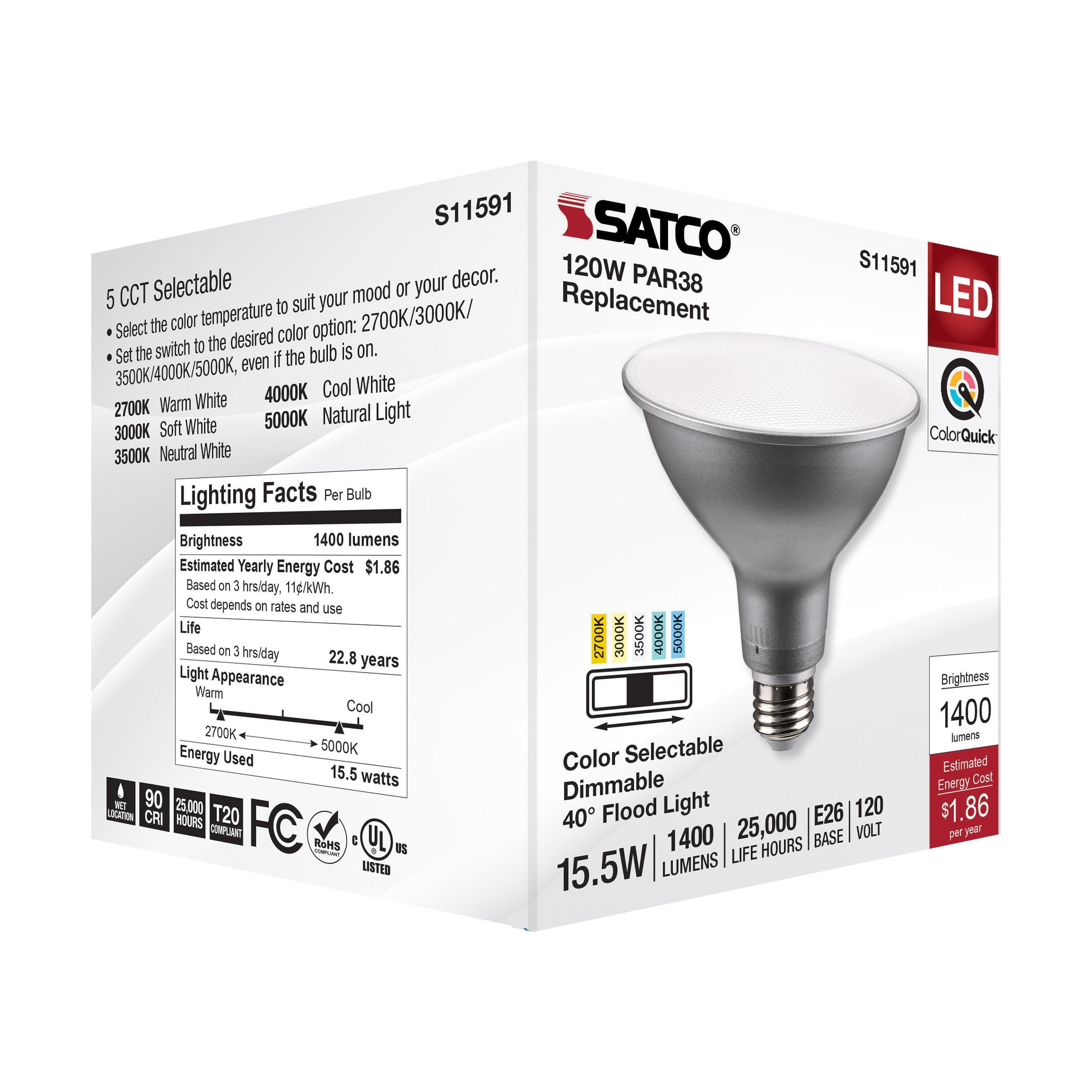 S11591 - 15.5 Watt PAR38 LED - Medium Base - Silver Finish - CCT Selectable - 120 Volt - 40 Degree Beam Angle