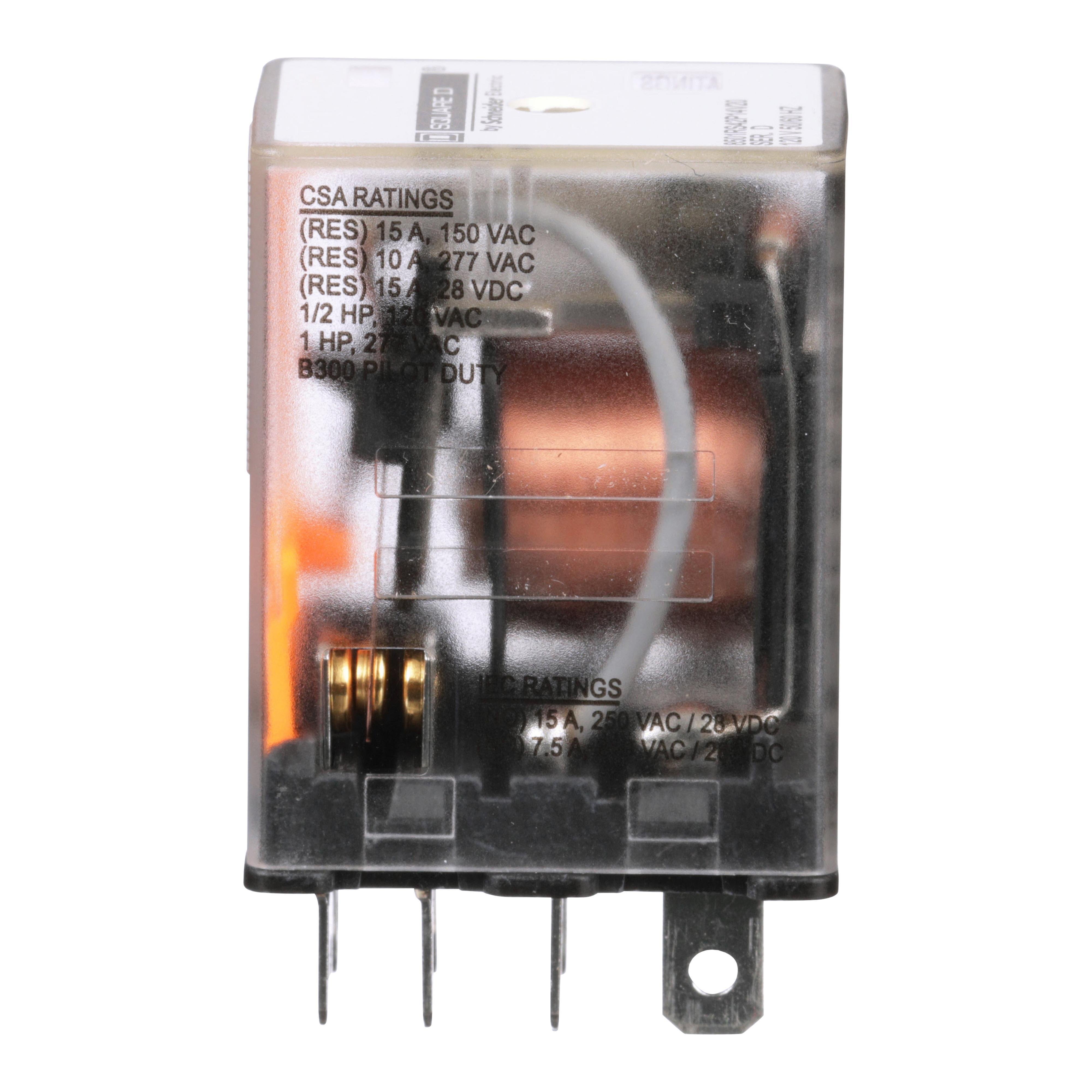 Picture of 8501RS42P14V20 - Plug in relay, Type R, miniature, 1 HP at 277 VAC, 15A resistive at 120 VAC, 8 blade, DPDT, 2 NO, 2 NC, 120 VAC coil