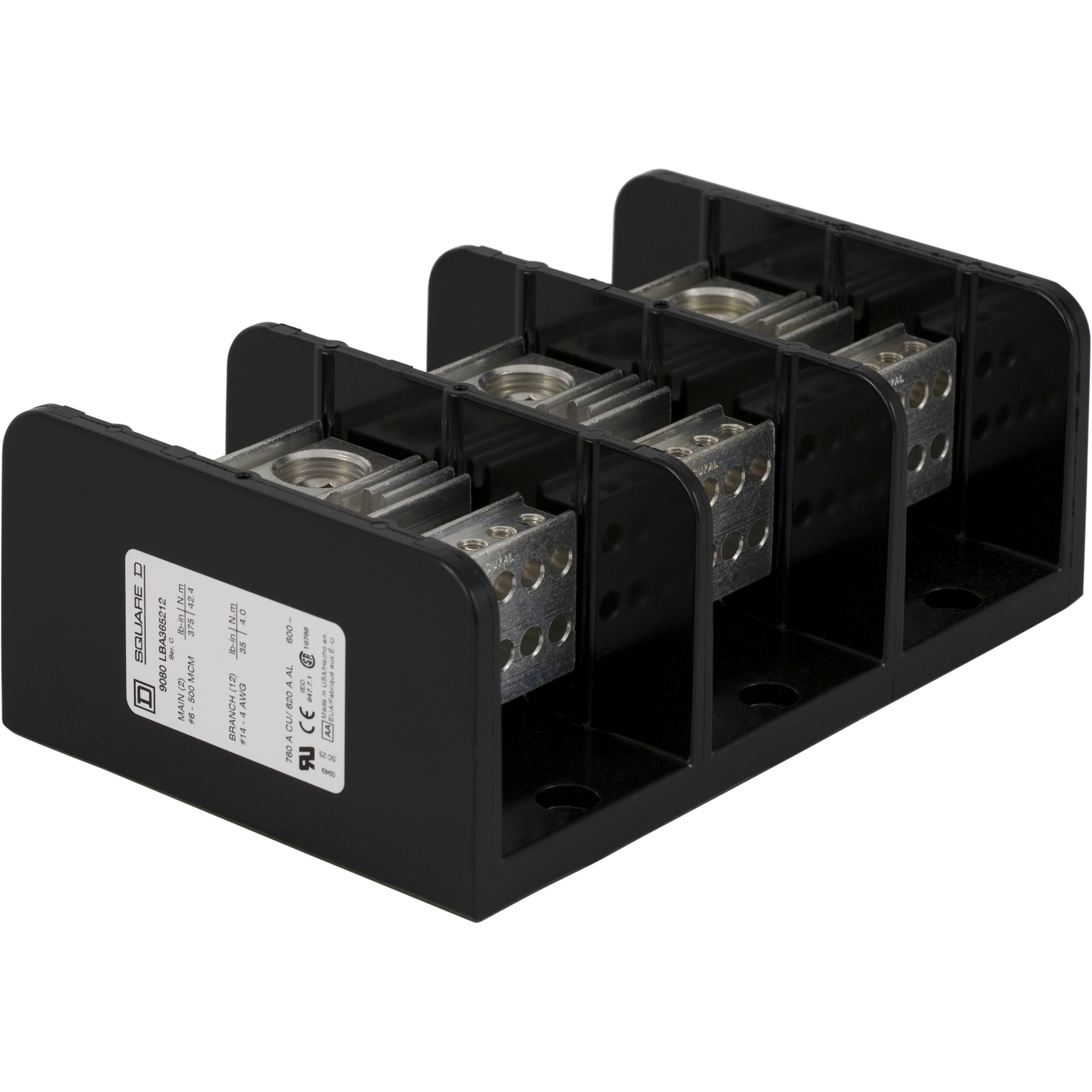Picture of 9080LBA365212 - Power distribution block, Linergy, 3 pole, 2 line, 12 load, 760A Cu, 620A Al, 600V