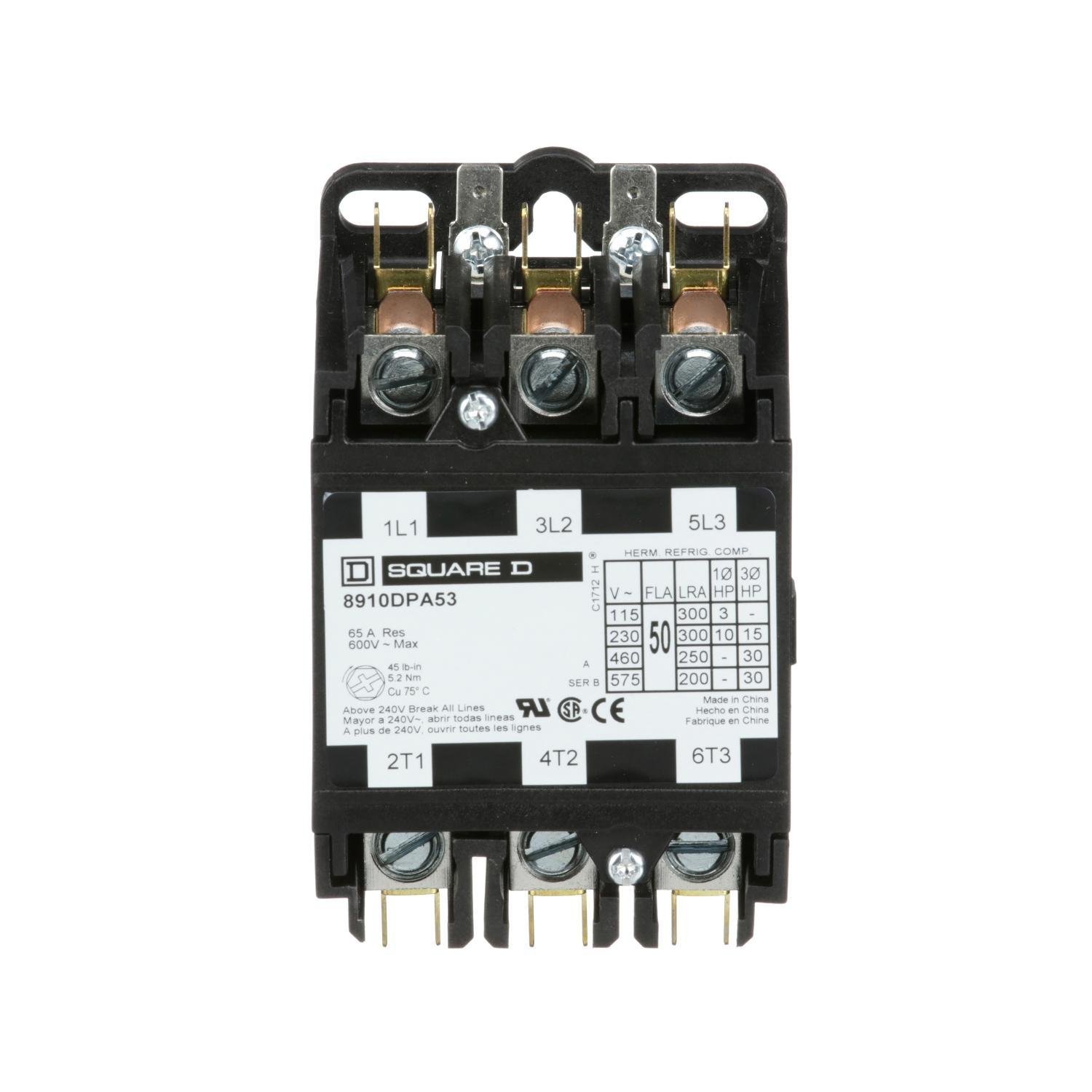 8910DPA53V02 - Contactor, Definite Purpose, 50A, 3 pole, 30HP at 575VAC, 3 phase, 110/120VAC 50/60Hz coil, open