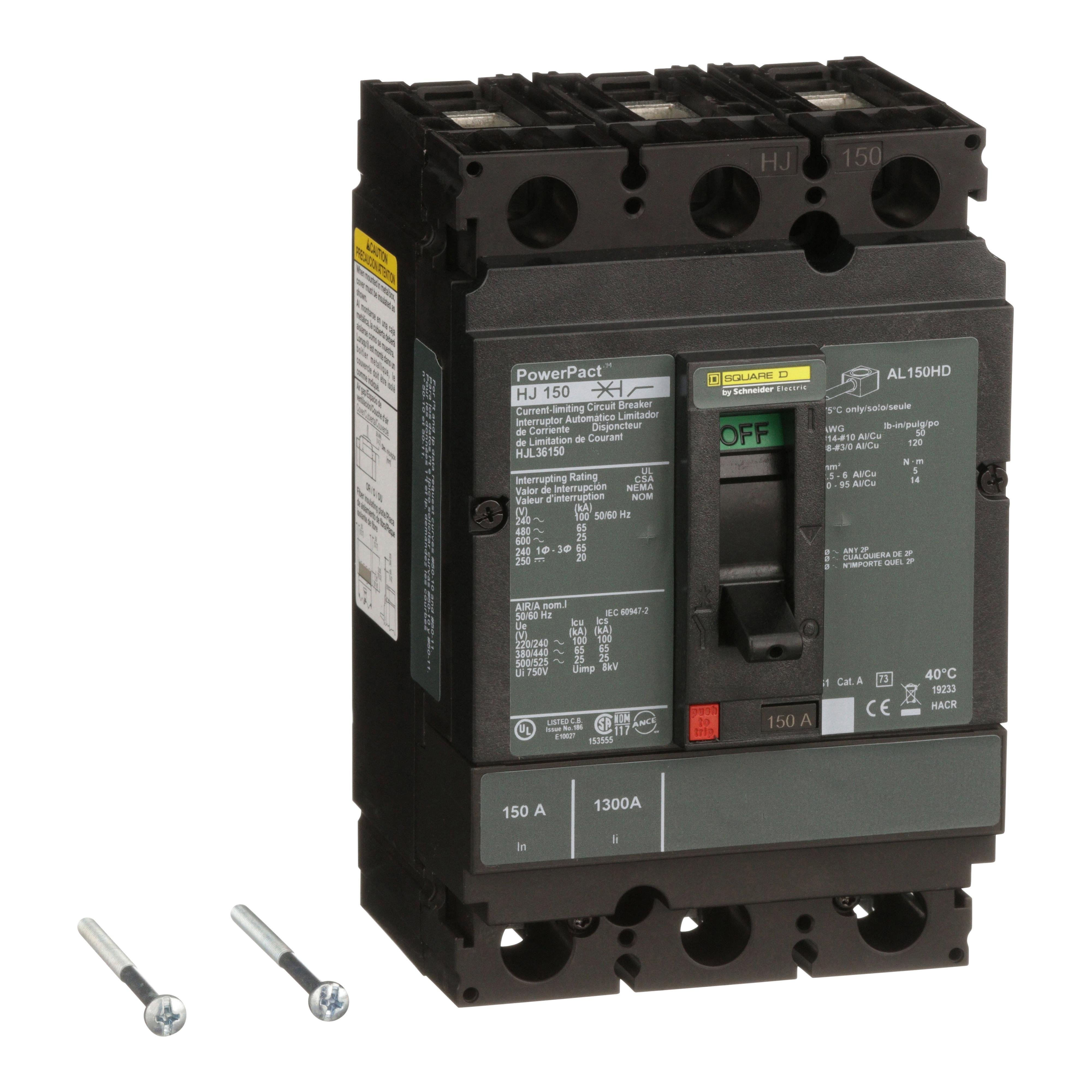 HJL36150 - Circuit breaker, PowerPacT H, 150A, 3 pole, 600VAC, 25kA, lugs, thermal magnetic, 80%