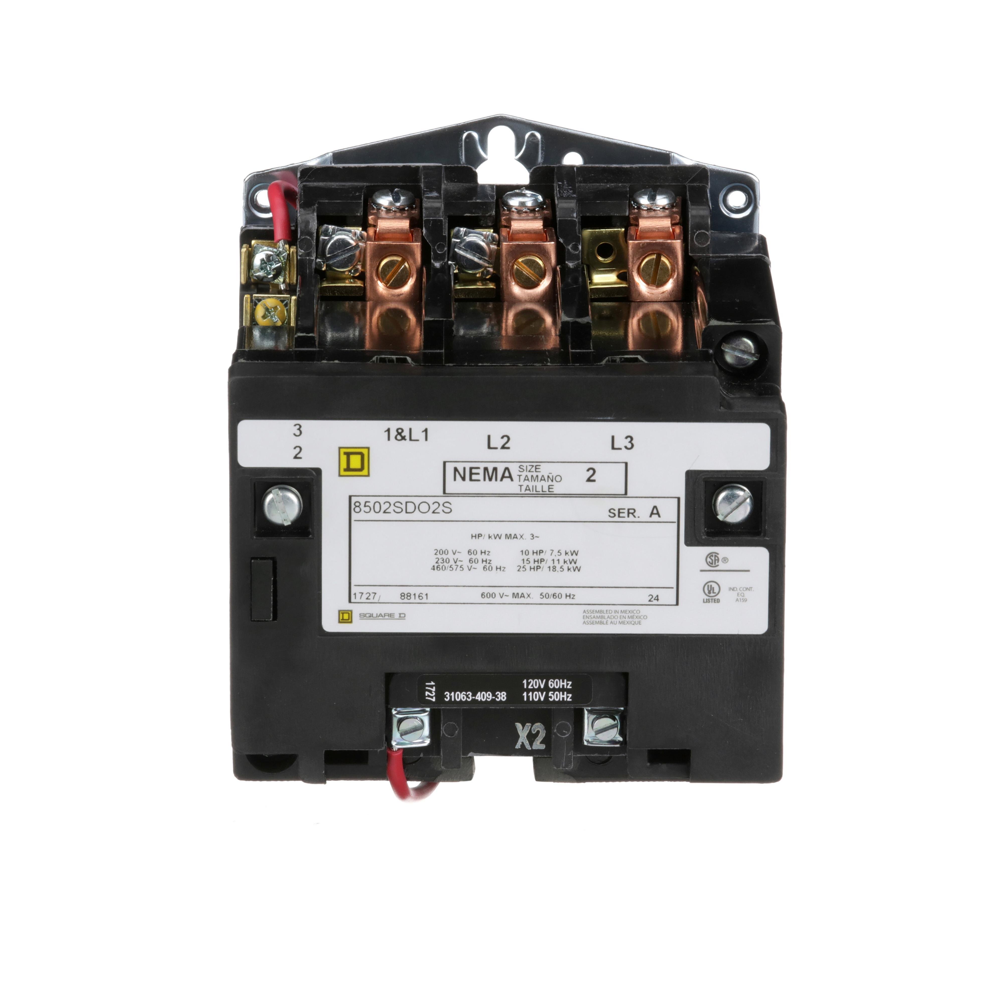 Picture of 8502SDO2V08 - NEMA Contactor, Type S, nonreversing, Size 2, 45A, 25HP at 575VAC, 3 phase, up to 100kA, 3 pole, 208VAC coil, open [TAA]